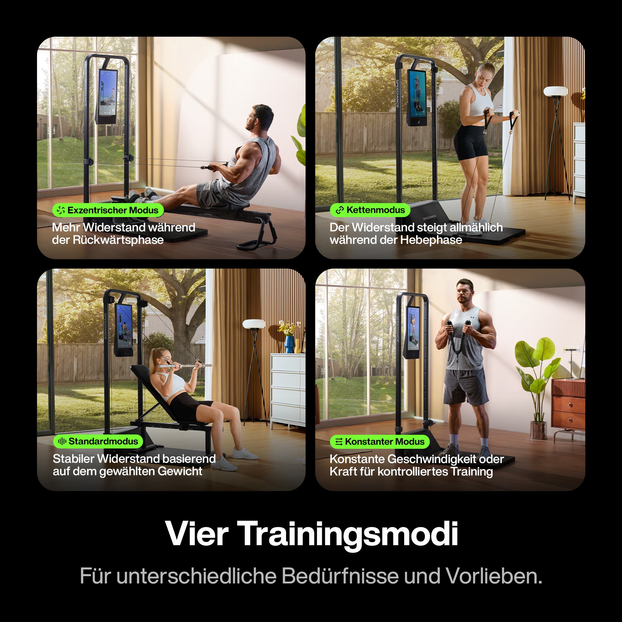 Vier Trainingsmodi: Mann rudert, Frau mit Seilzug, Frau auf Bank, Mann mit Seilzug.