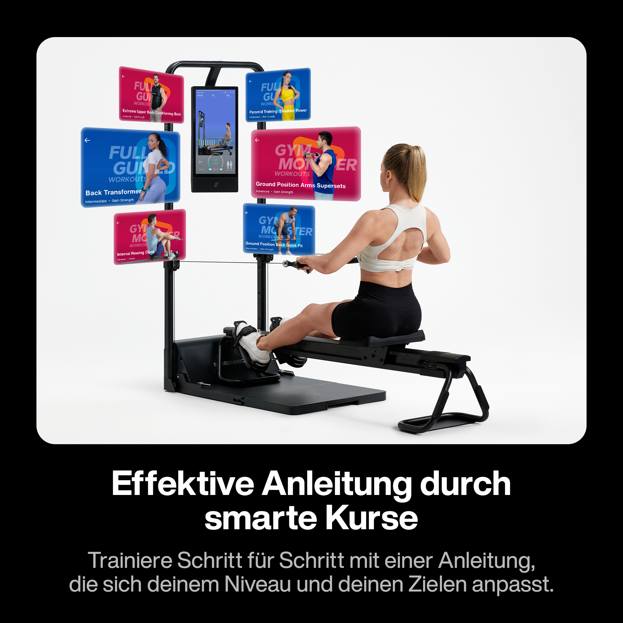 Frau rudert auf Maschine, schaut Trainingsvideos auf dem Bildschirm.
