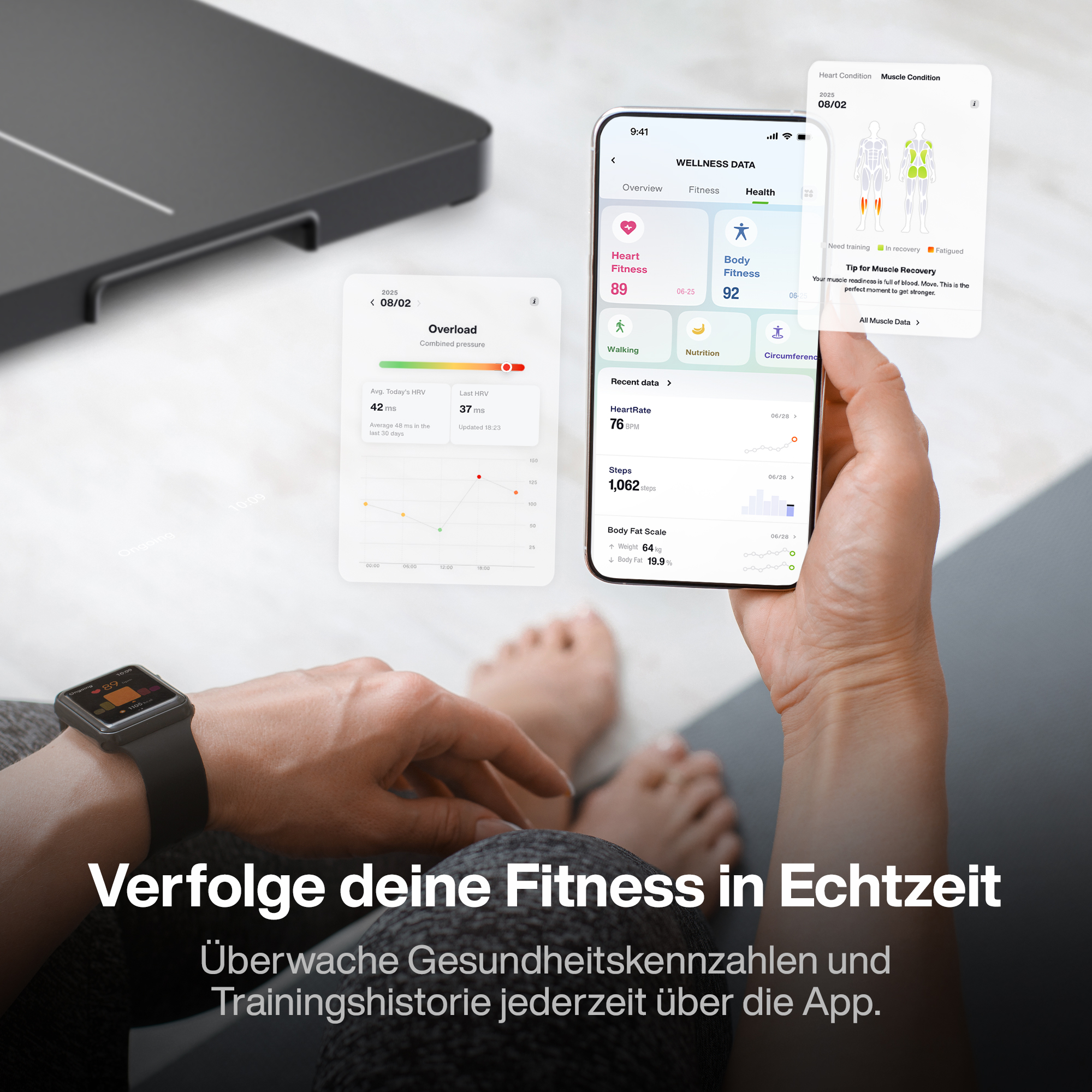 Eine Smartwatch und ein Smartphone zeigen Fitnessdaten an. Ein Arm ist mit der Uhr zu sehen.