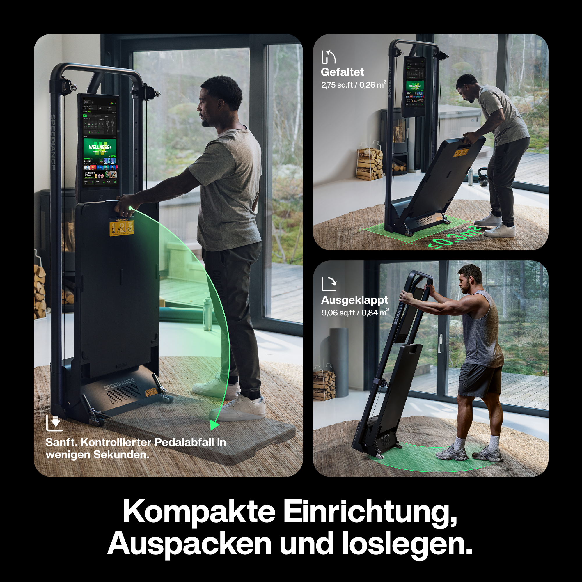 Mann bedient Speediance Fitnessgerät, das kompakt faltbar ist. Zeigt gefalteten und entfalteten Zustand.