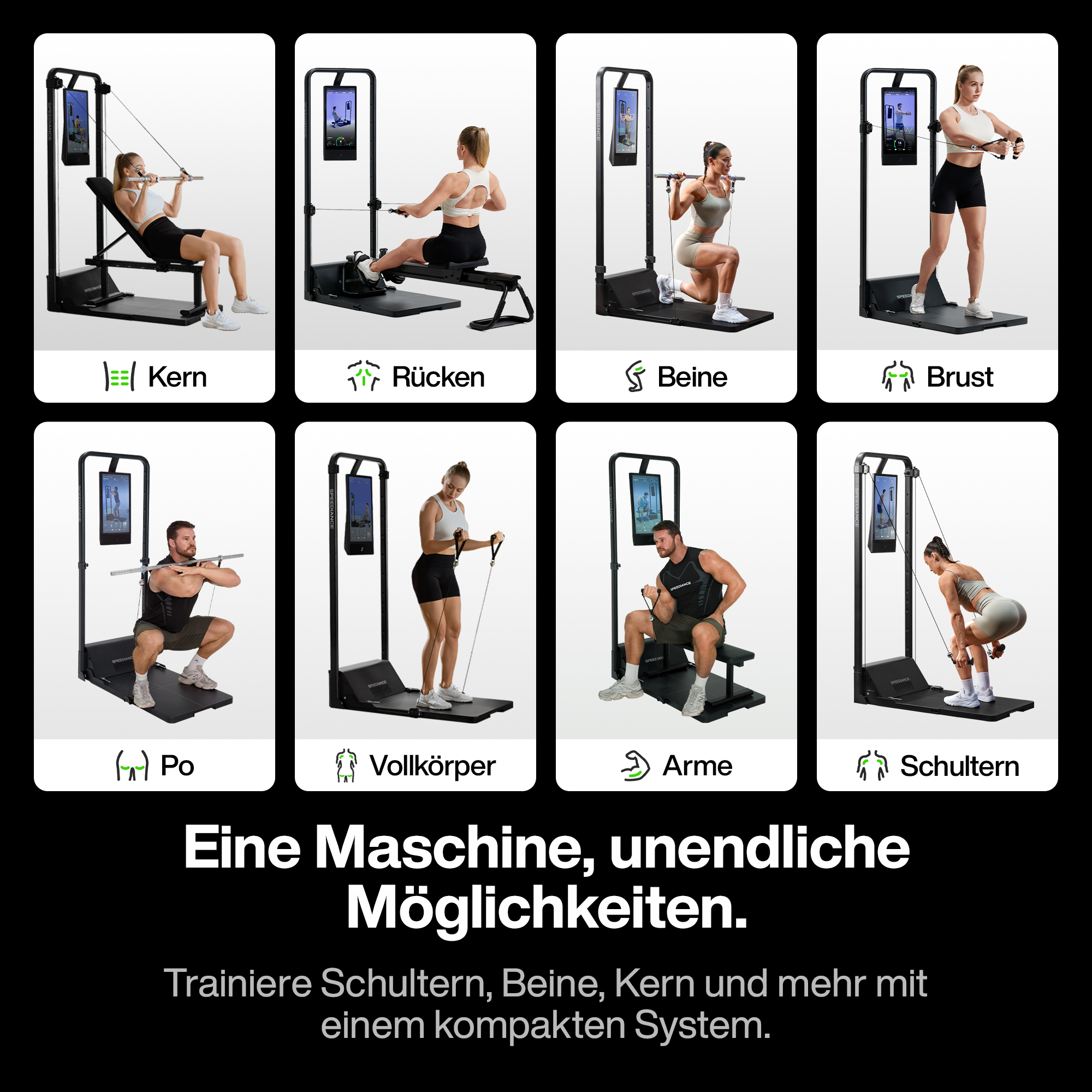 Collage von Personen, die ein Heimtrainer für verschiedene Übungen nutzen: Rumpf, Rücken, Beine, Brust, Gesäß, Ganzkörper, Arme, Schultern.