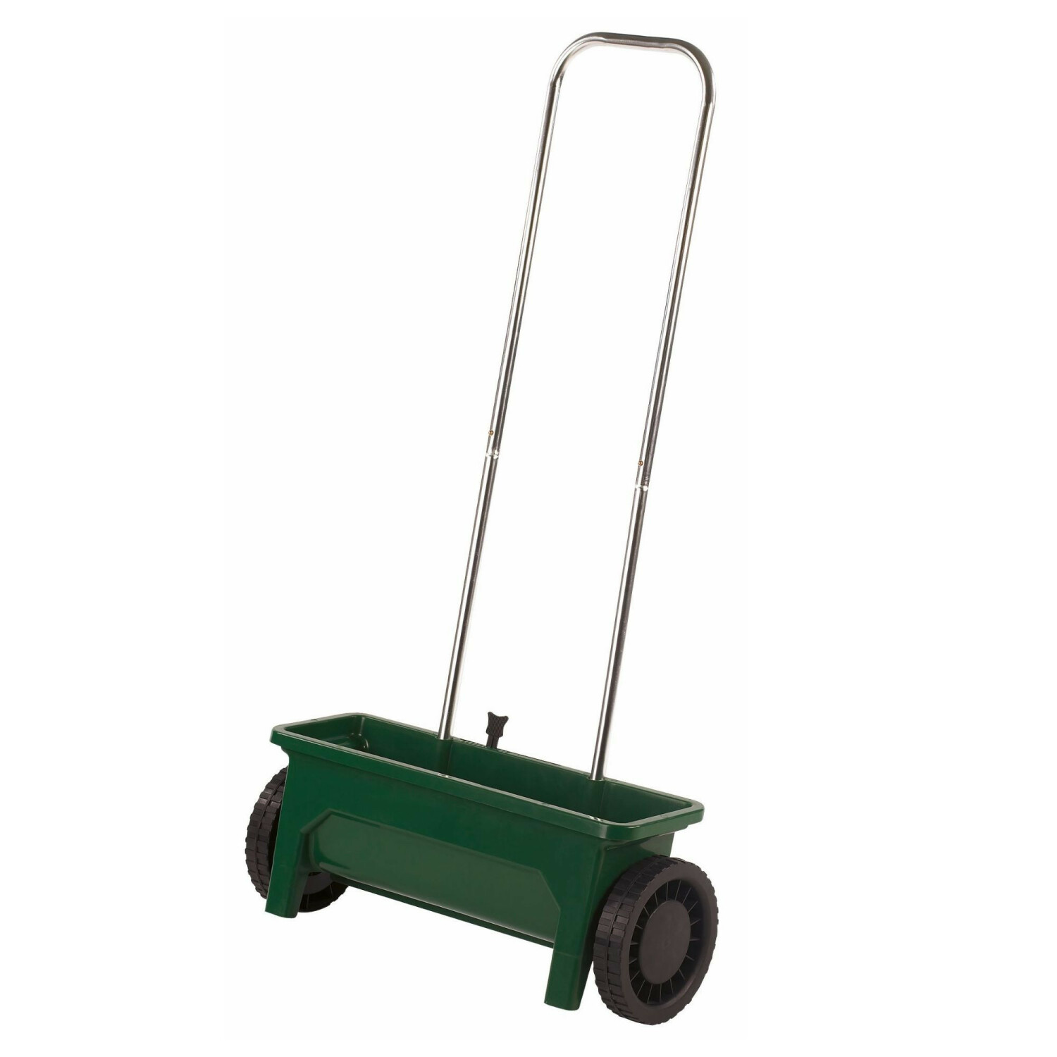 Carrello spargisale verde con manico argentato e ruote nere su sfondo bianco.