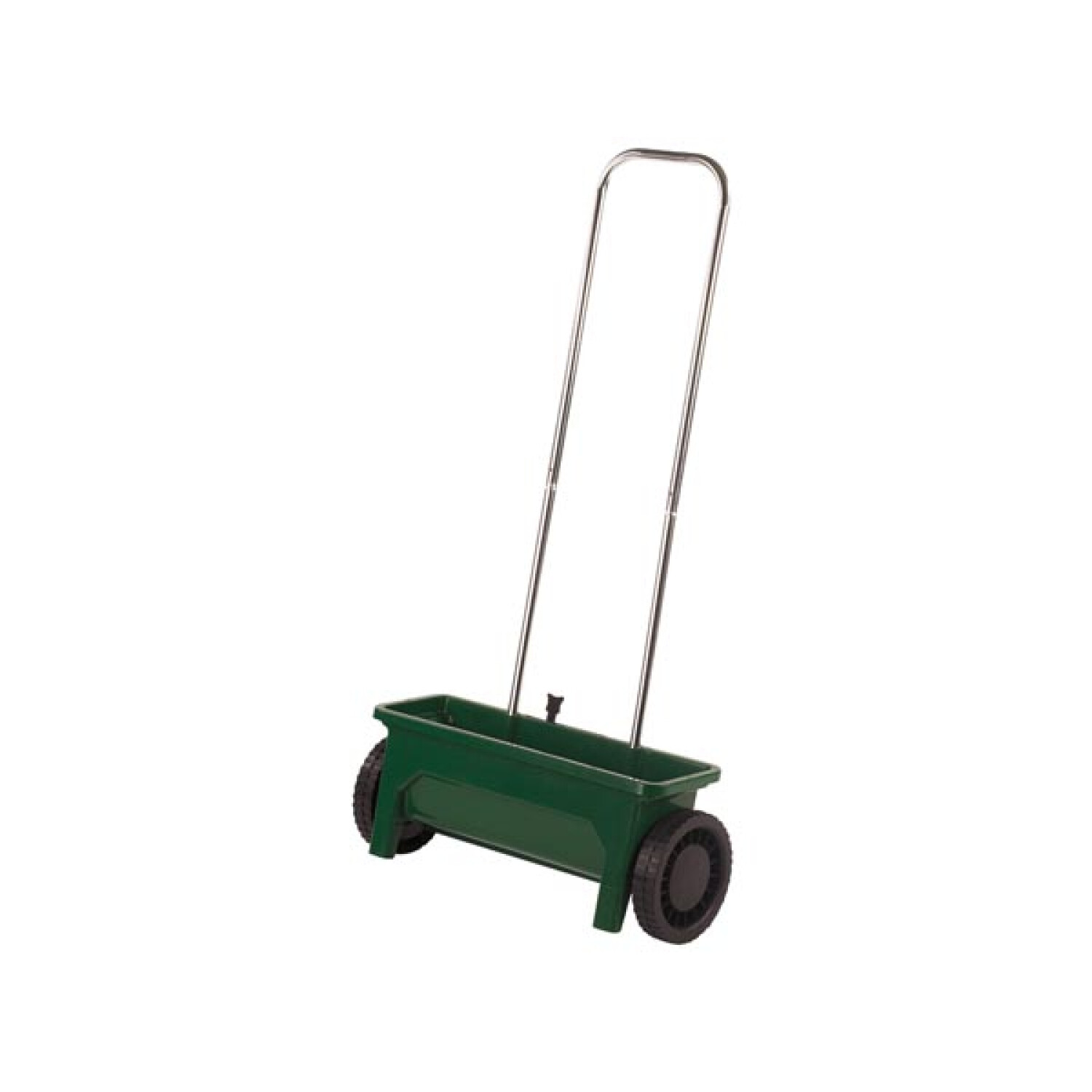 Un carrello spargisemi verde con manico in metallo e due ruote nere su sfondo bianco.