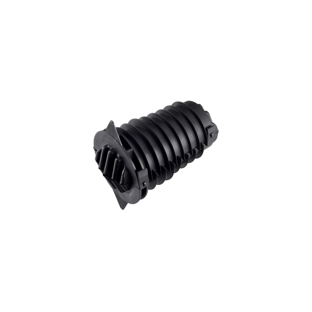 Un pezzo di plastica nero e scanalato con fessure di ventilazione, isolato su sfondo bianco.
