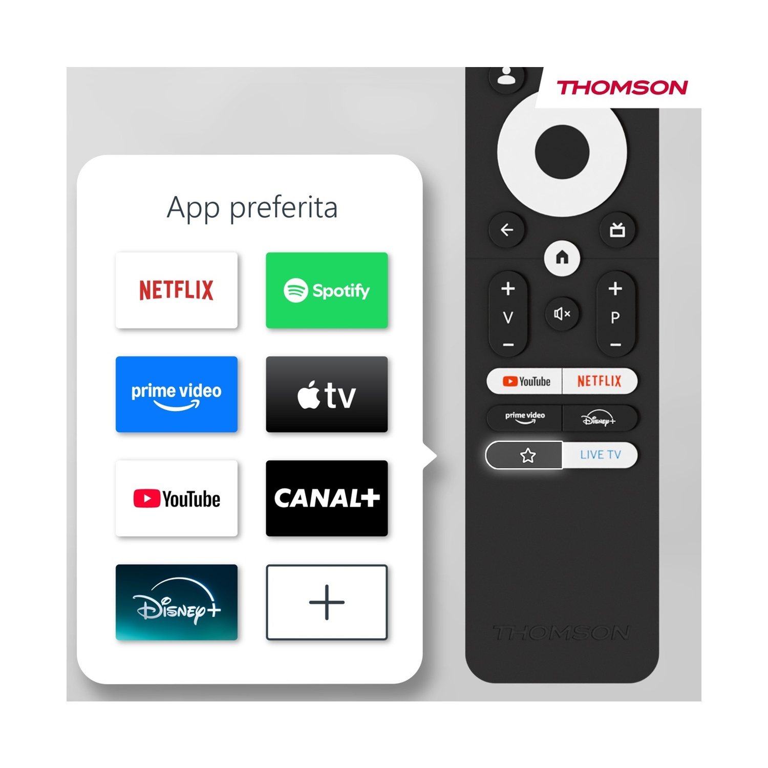 Il telecomando Thomson mostra i loghi delle app come Netflix, Spotify, Prime Video, Apple TV, YouTube, Canal+, Disney+.
