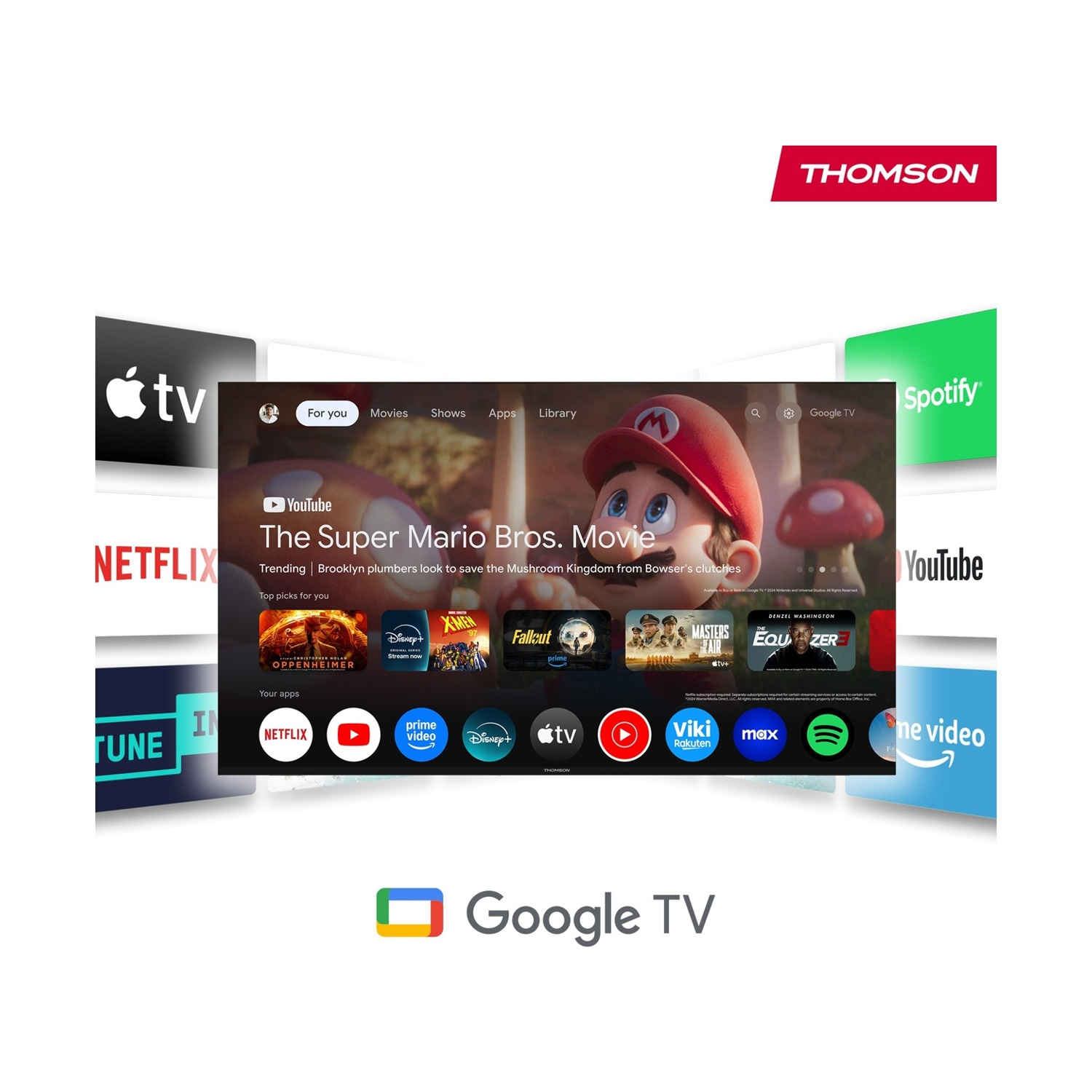 Thomson Google TV con app come Netflix, YouTube, Apple TV, Spotify e The Super Mario Bros. Movie.