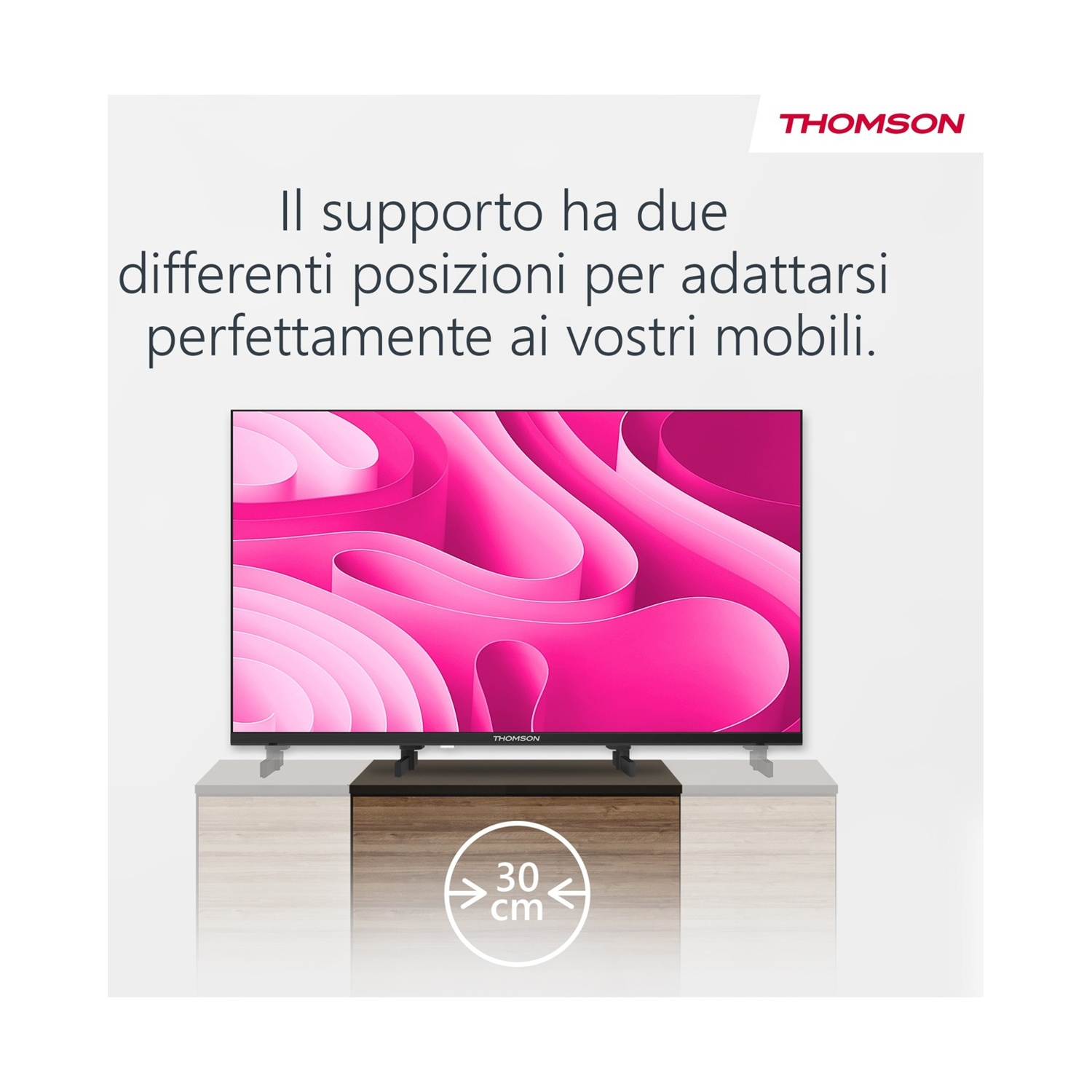 TV Thomson su un supporto con sfondo astratto rosa. Il supporto si adatta ai mobili.