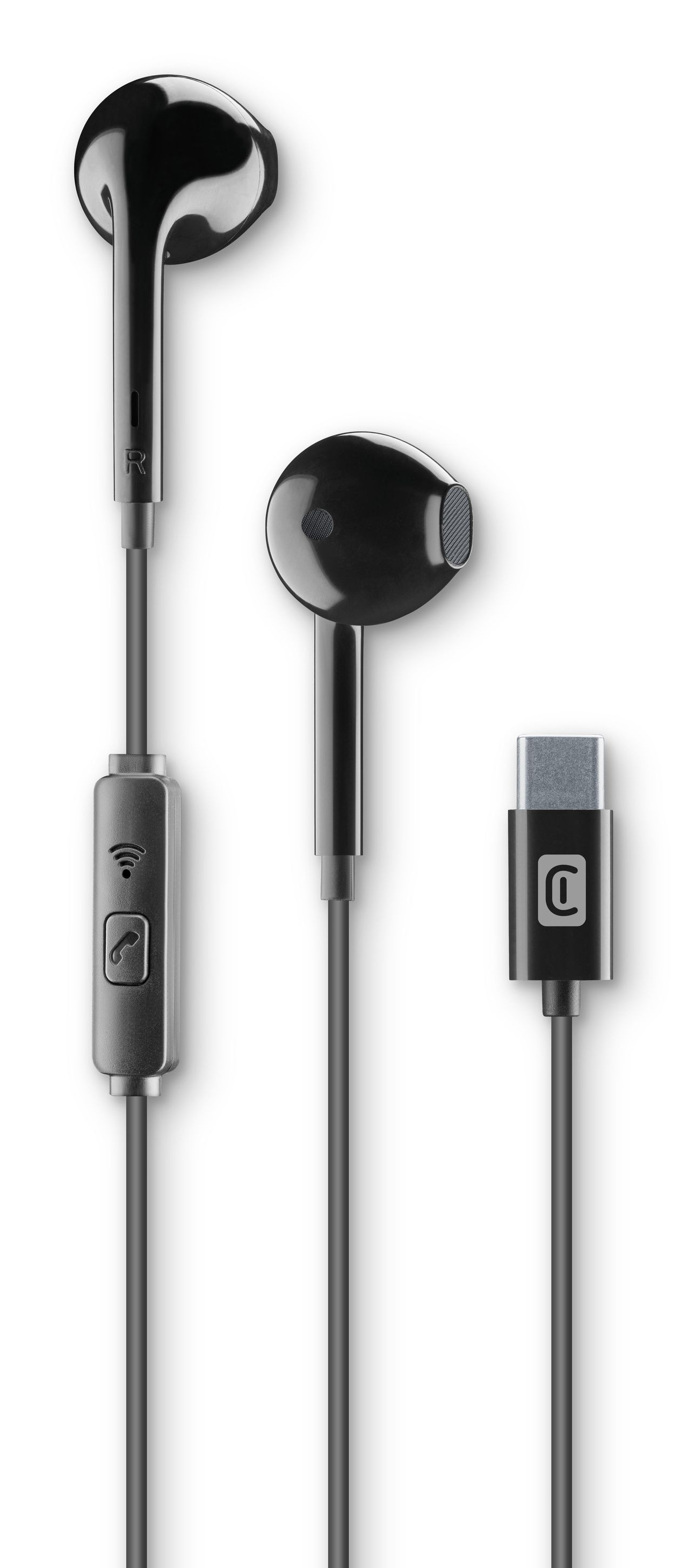 Auriculares negros con conector USB-C y mando en línea con iconos de llamada y wifi.