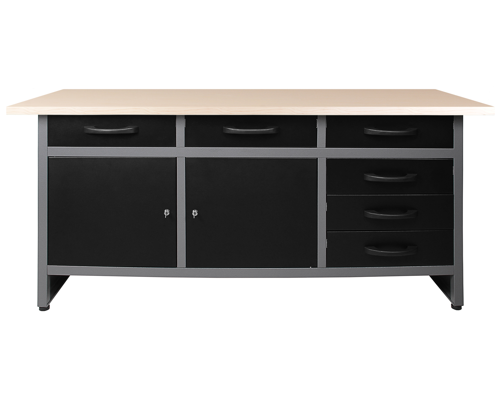 Eine schwarze Werkbank aus Metall mit heller Holzplatte hat drei Schubladen und zwei Schränke.