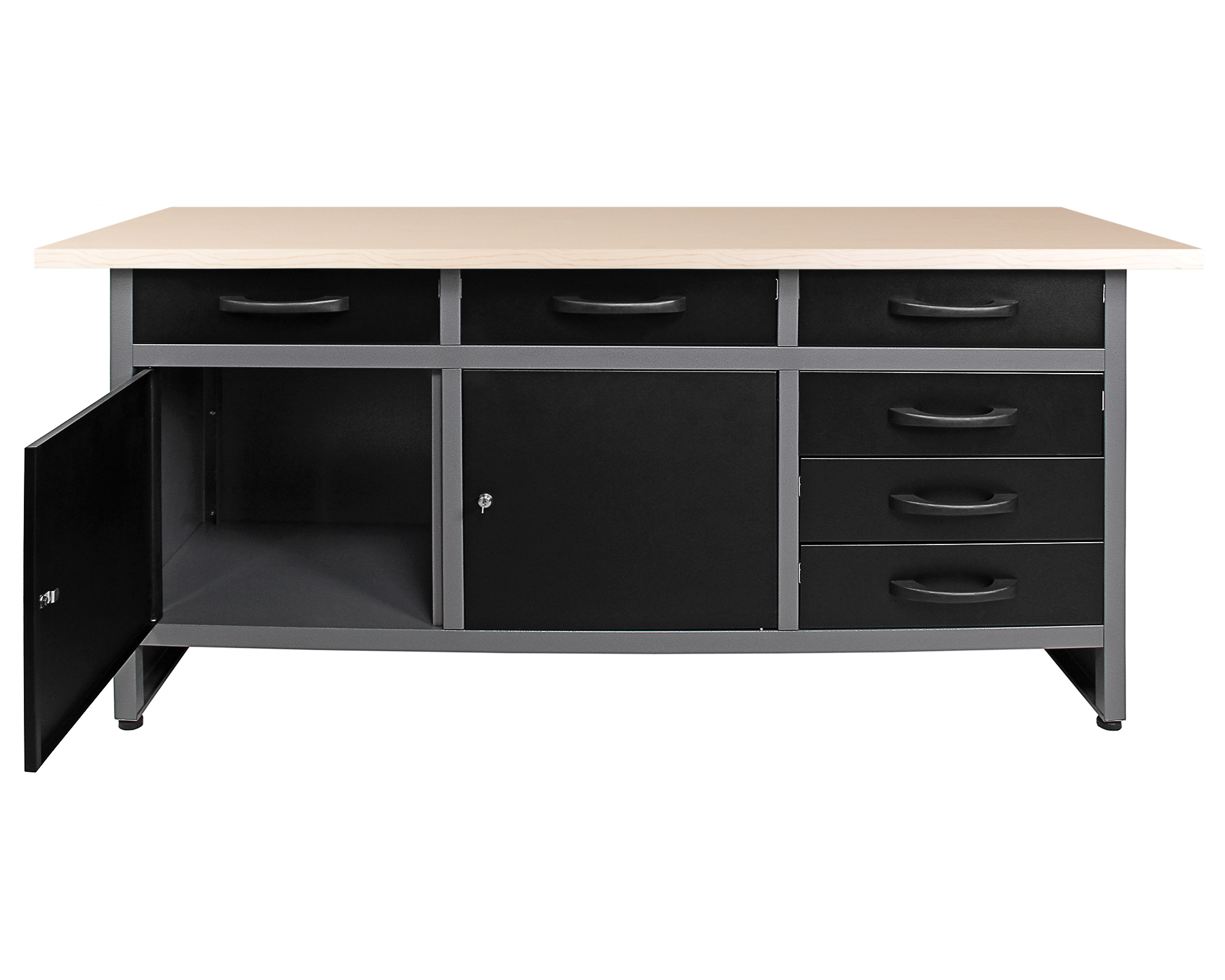 Eine Werkbank mit heller Holzplatte, schwarzen Schubladen und einem schwarzen Schrank mit offener Tür.