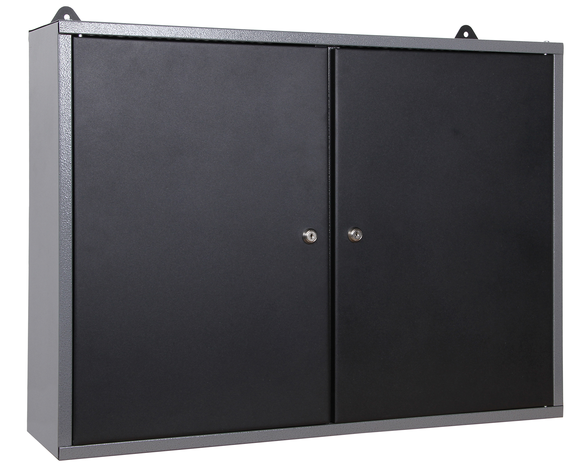 Ein grauer Metallschrank mit zwei schwarzen Türen, die jeweils einen silbernen Schlüssel haben.