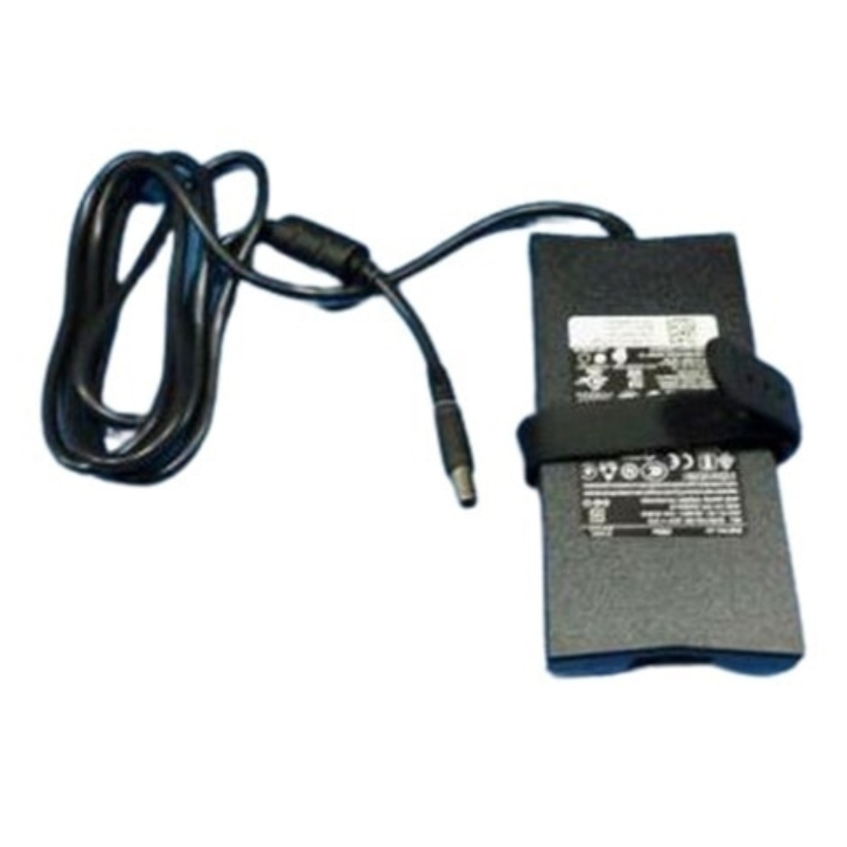 Un alimentatore per laptop nero con cavo avvolto e connettore.
