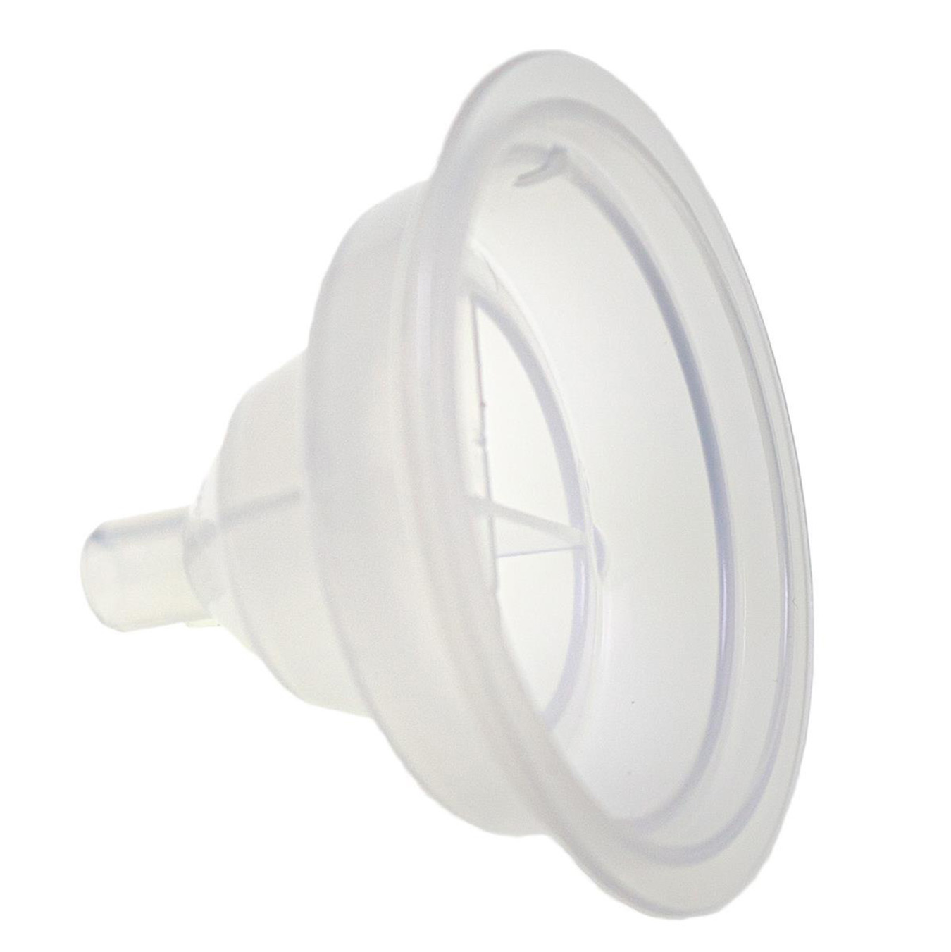 Un imbuto in silicone bianco traslucido con un piccolo tubo a sinistra, su sfondo bianco.