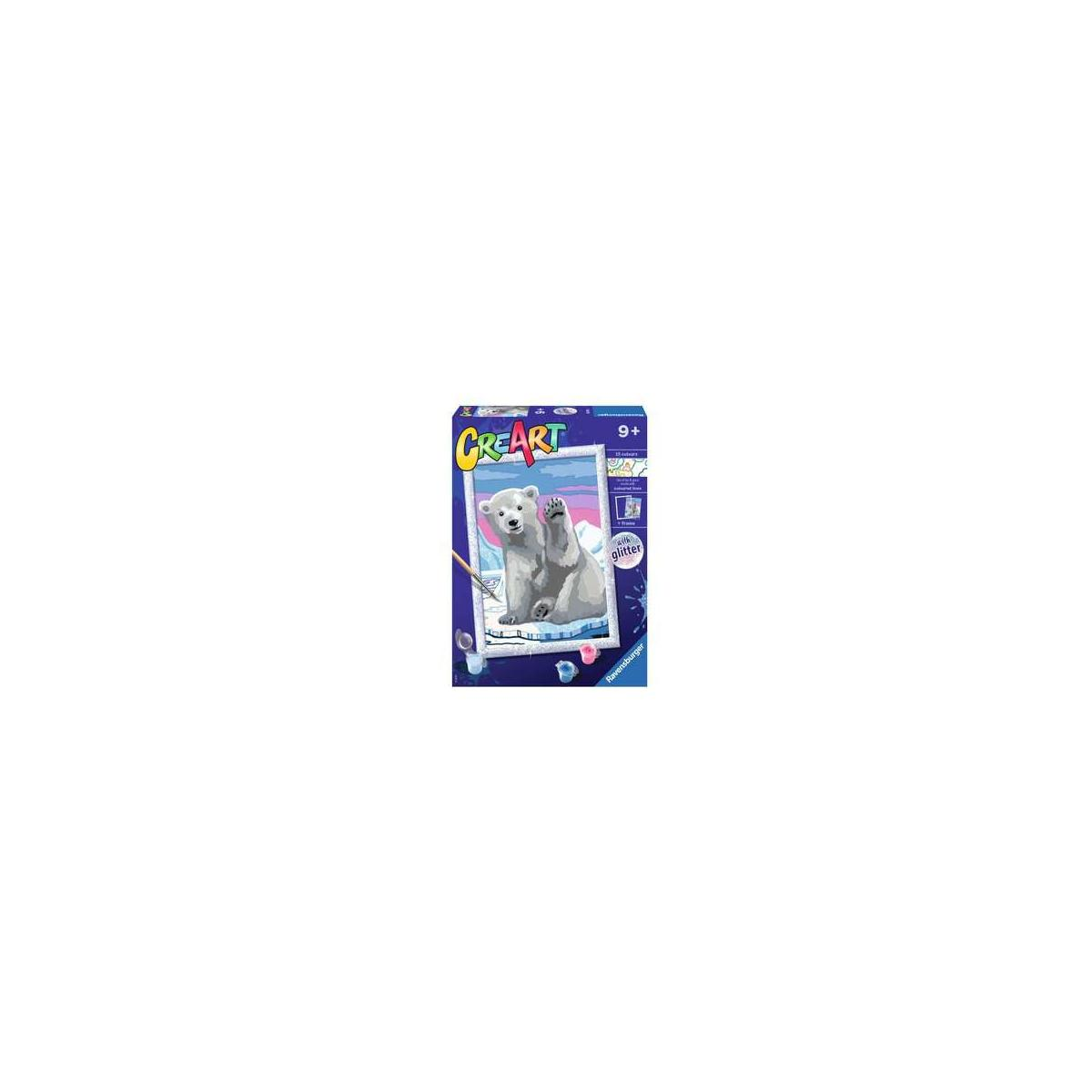 Scatola CreArt con kit di pittura per orso polare, include glitter e colori.