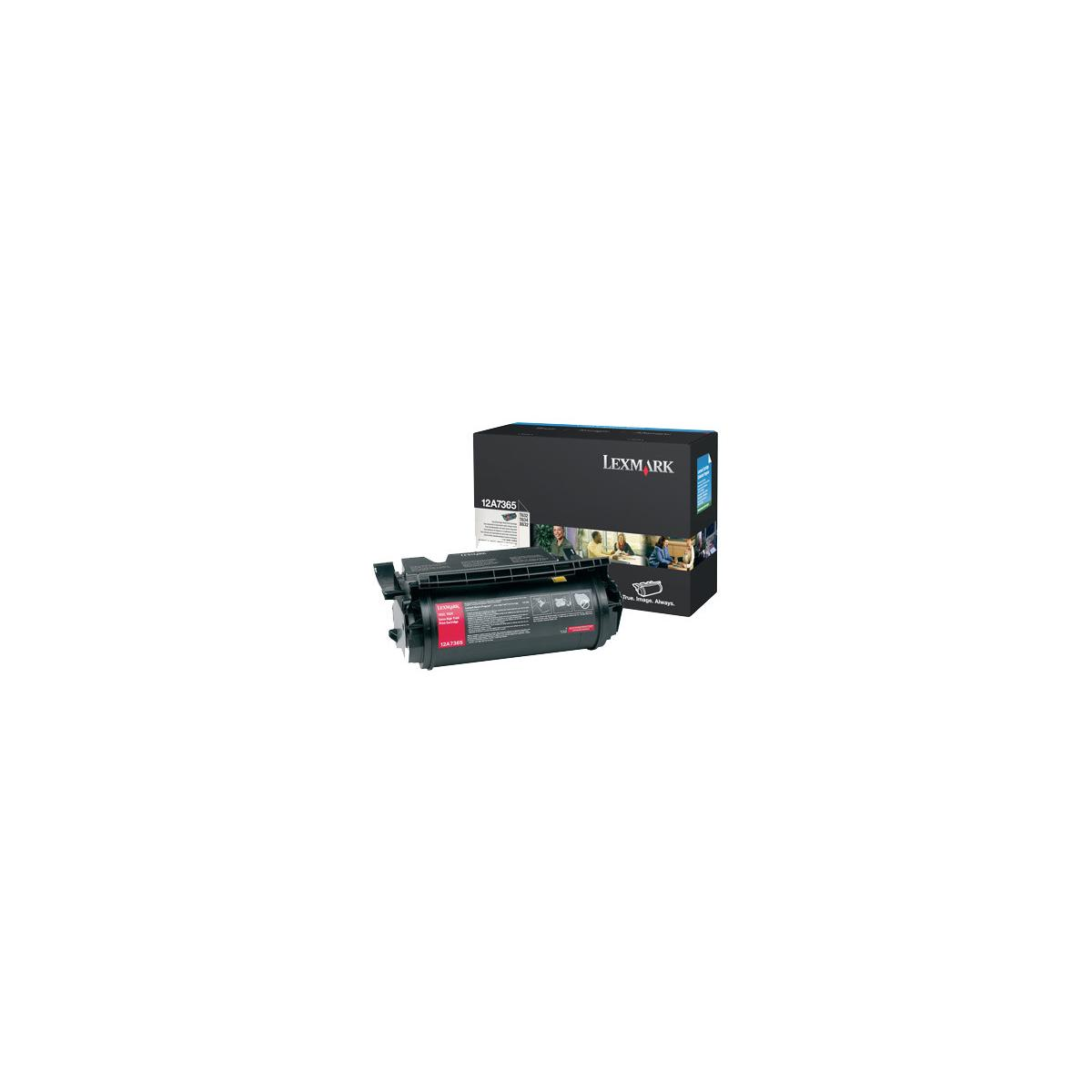 Cartuccia toner e scatola Lexmark. Toner nero, modello 12A7365. Scatola con immagini.