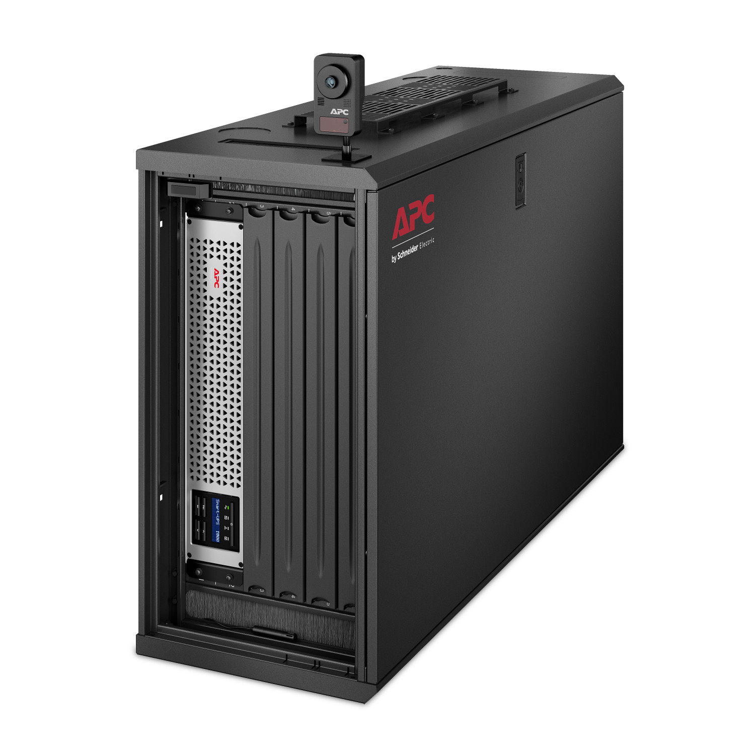 Rack server APC nero con telecamera in cima e componenti interni visibili.