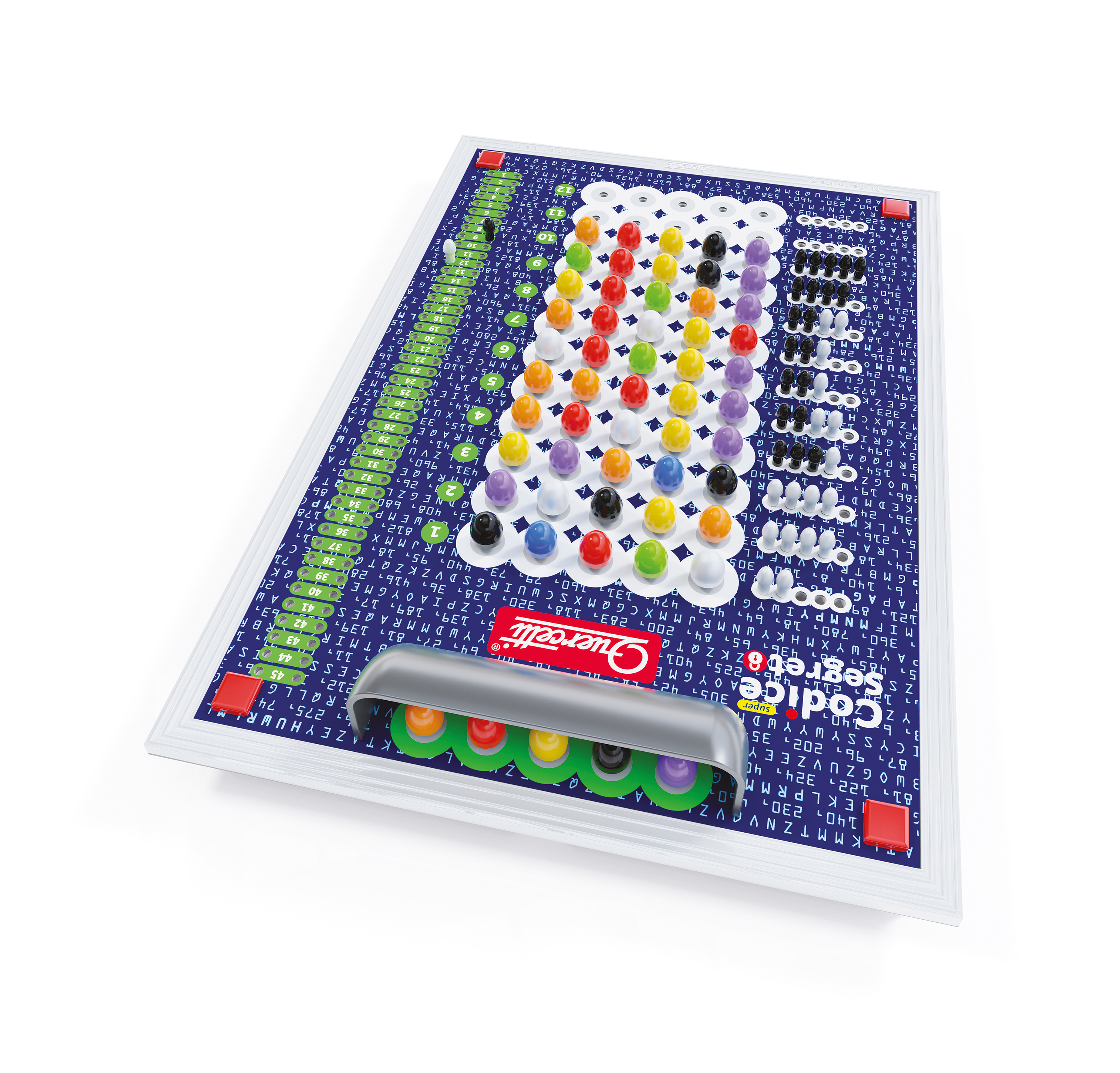 Un gioco da tavolo con pioli colorati e lettere su sfondo blu.