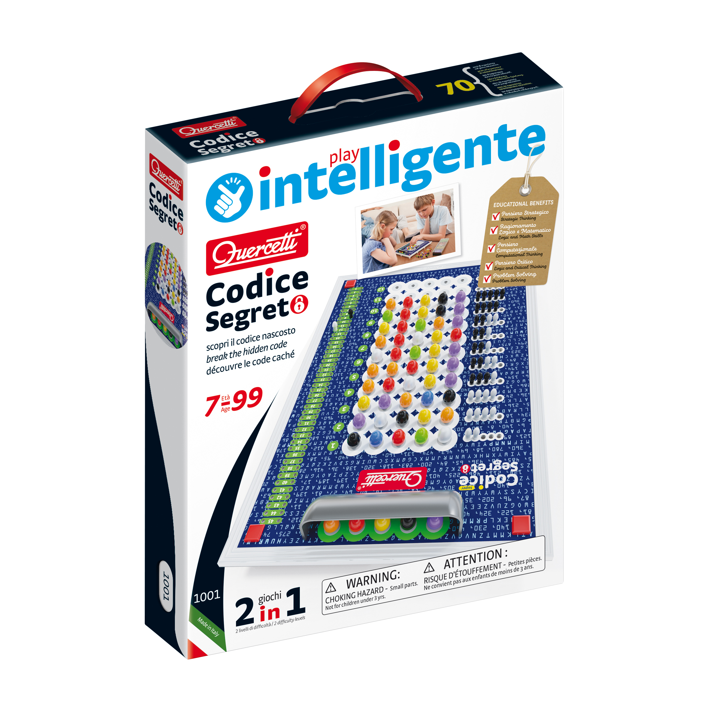 Scatola del gioco Quercetti Codice Segreto 8, con pioli colorati e tabellone di gioco.
