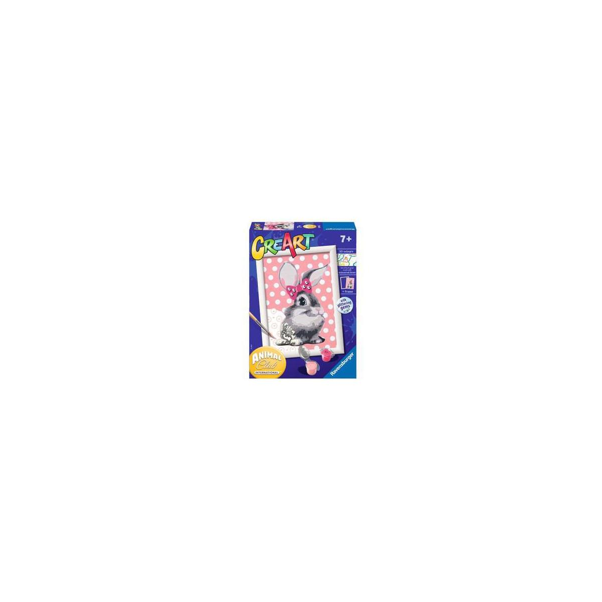 Scatola CreArt mostra un coniglio con fiocchi rosa. Include colori 3D e gemme.