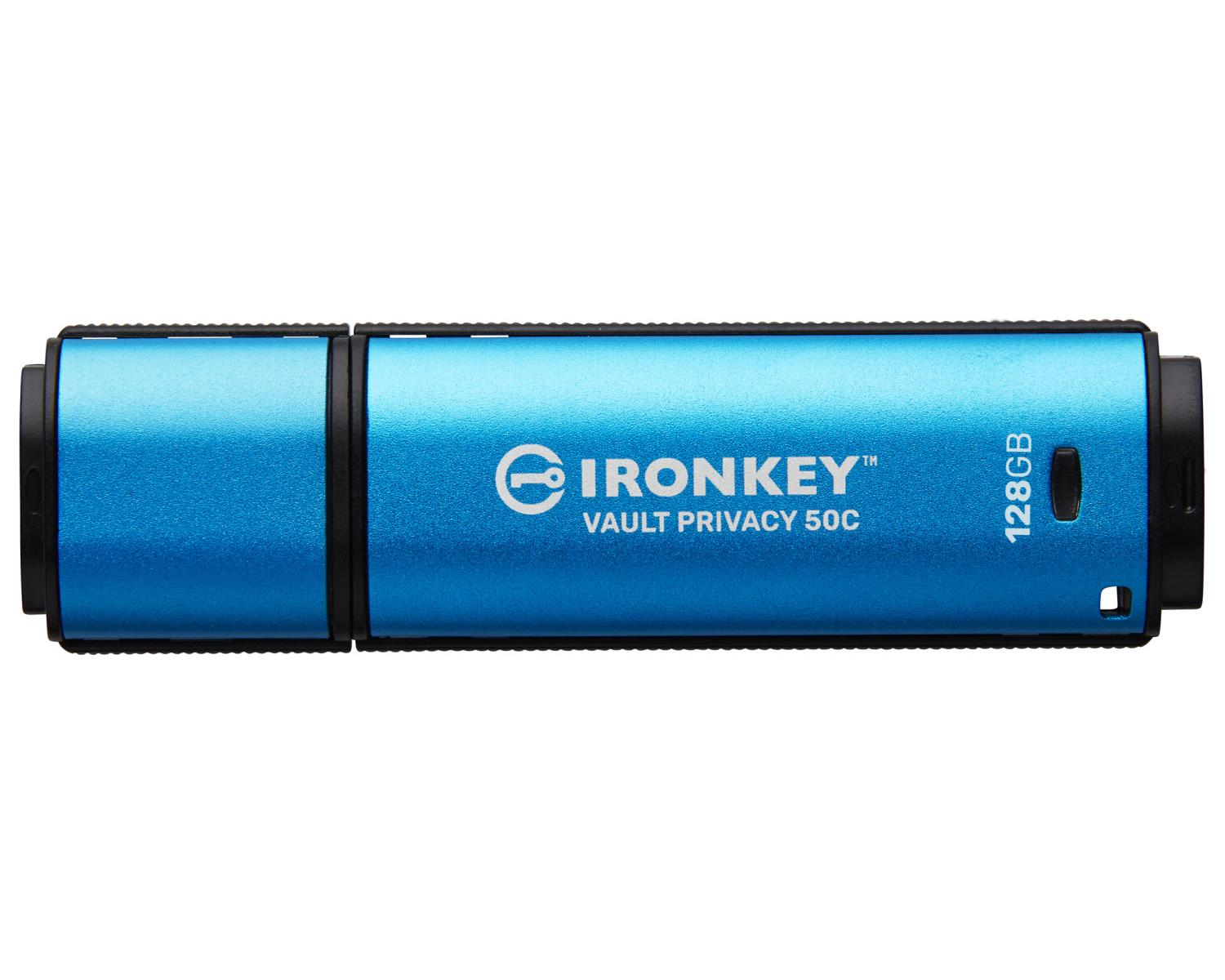 Chiavetta USB Ironkey blu da 128GB con etichetta Vault Privacy 50C.