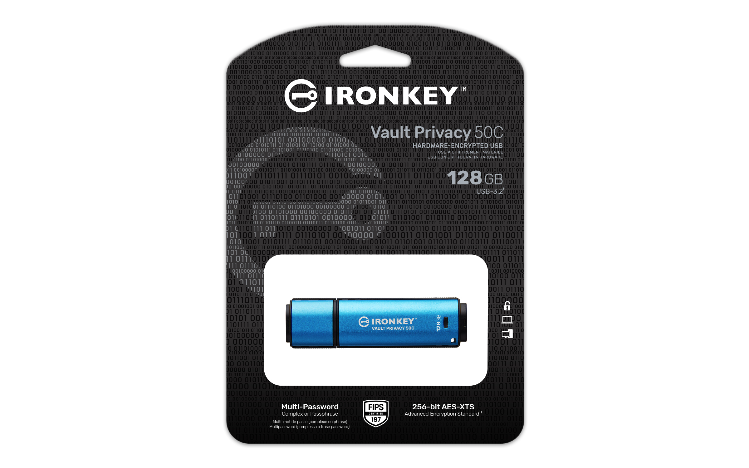 Un'unità USB Ironkey Vault Privacy 50C blu con capacità di 128 GB.