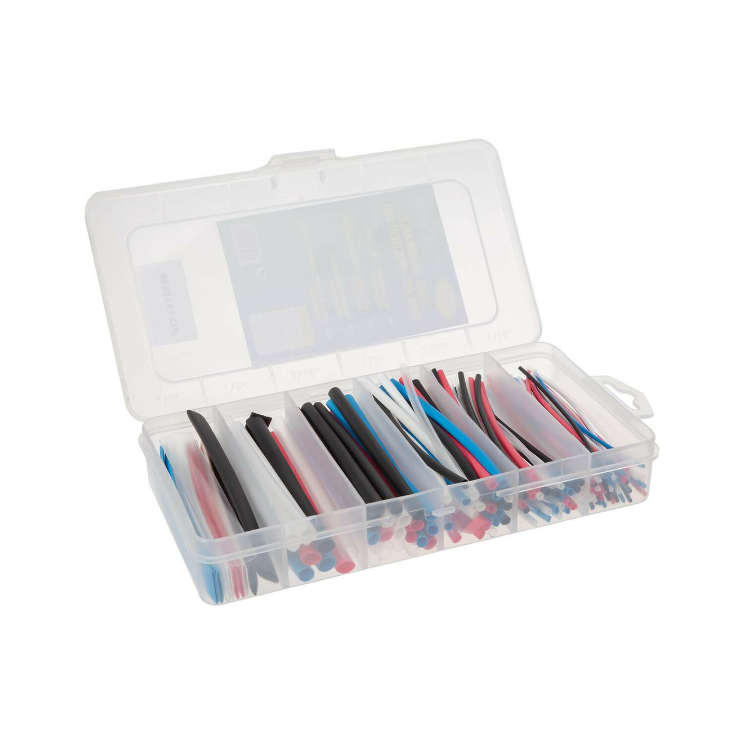Una scatola di plastica trasparente con scomparti riempiti di guaine termoretraibili colorate.