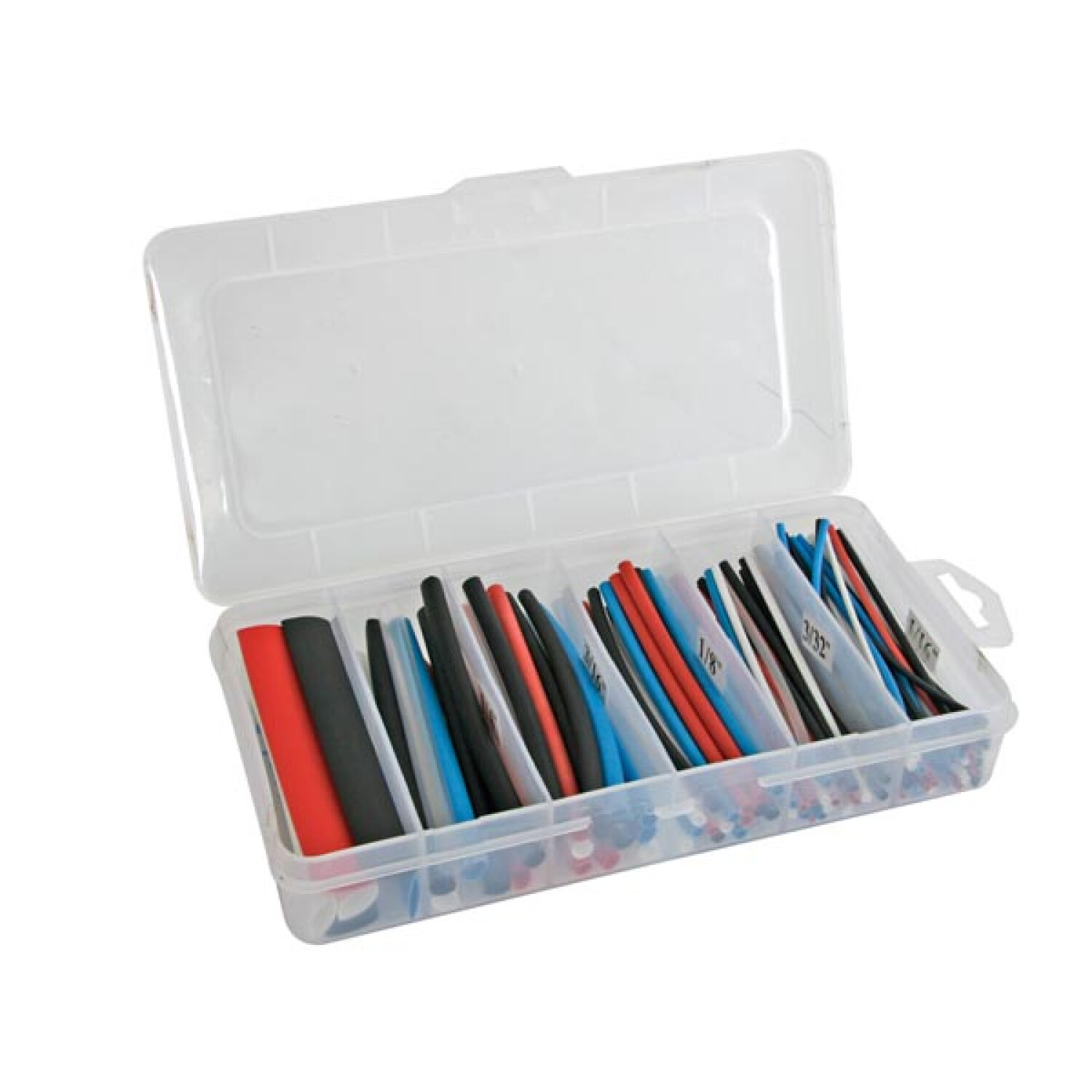 Una scatola di plastica trasparente piena di guaine termorestringenti rosse, nere e blu.
