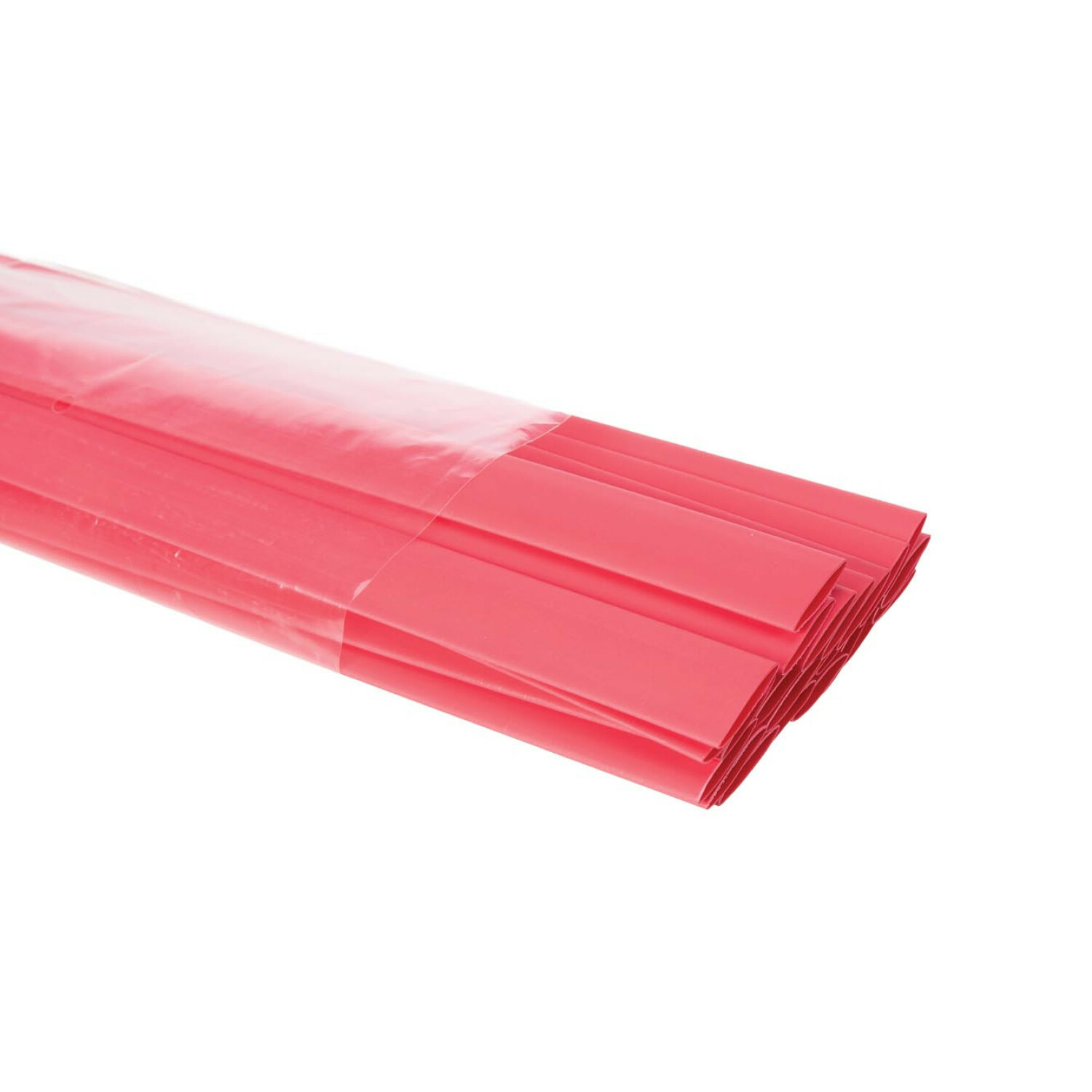 Un fascio di tubo termoretraibile rosa acceso è mostrato su sfondo bianco, parzialmente avvolto in plastica trasparente.