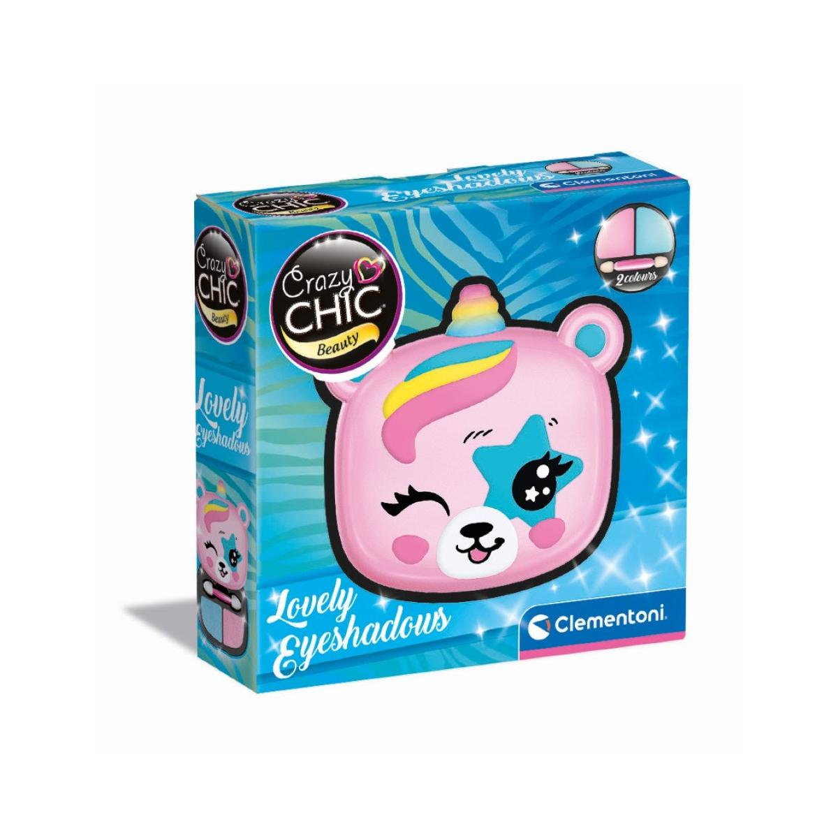 Scatola di palette di ombretti rosa a forma di orso con marchio 'Crazy Chic' e corno di unicorno arcobaleno.