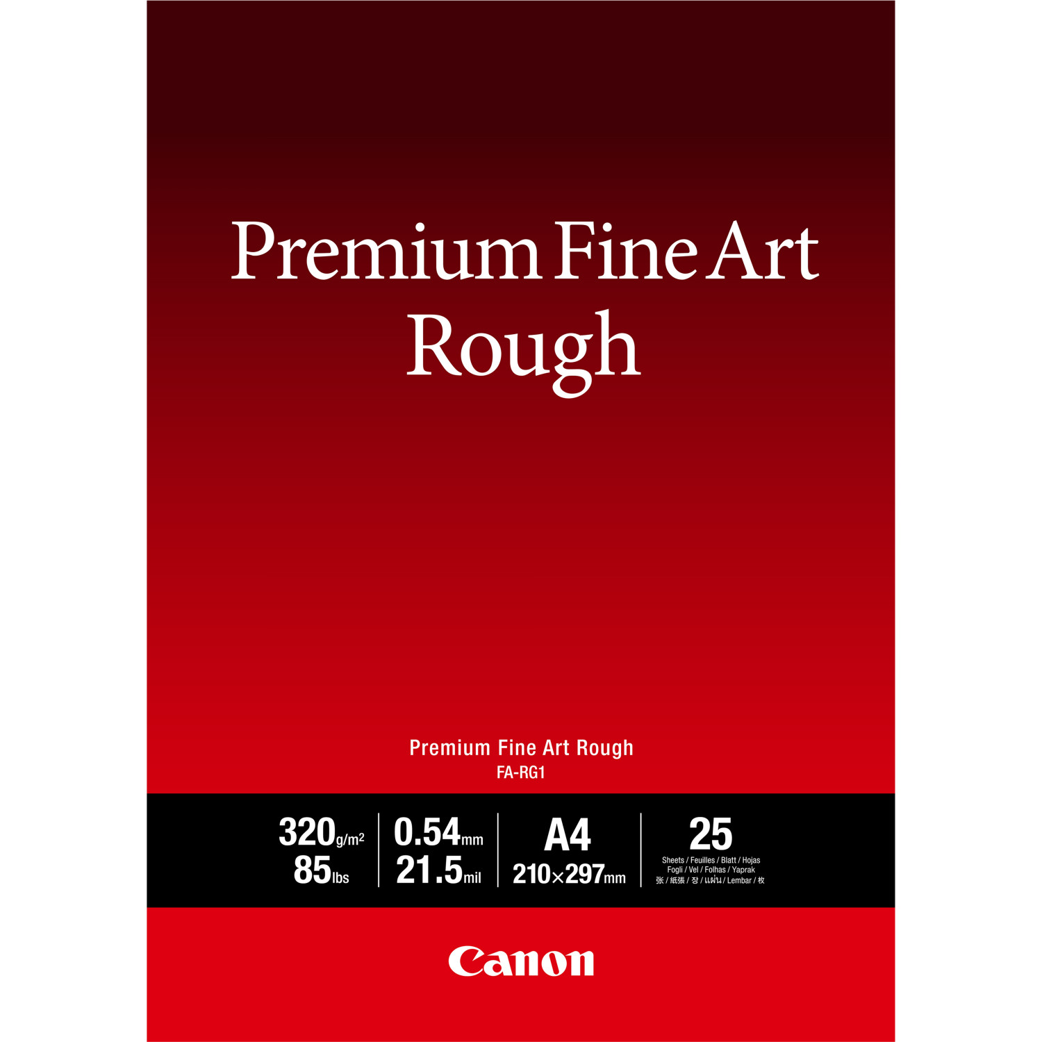 Carta Canon Premium Fine Art Rough: 320g/m², 85lbs, 0,54mm, formato A4, 25 fogli.