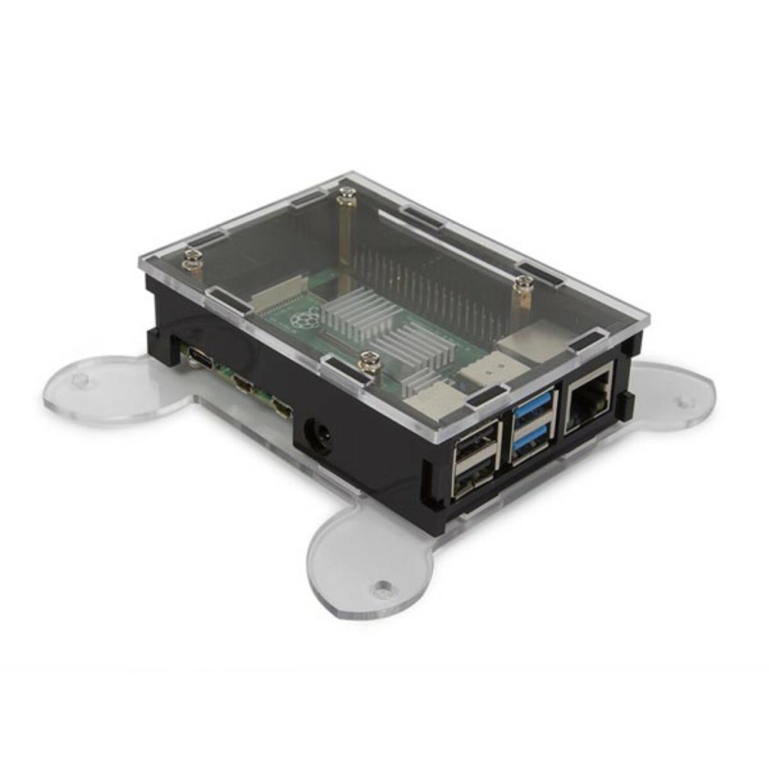 Una custodia nera Raspberry Pi con coperchio trasparente, che mostra componenti interni e porte.