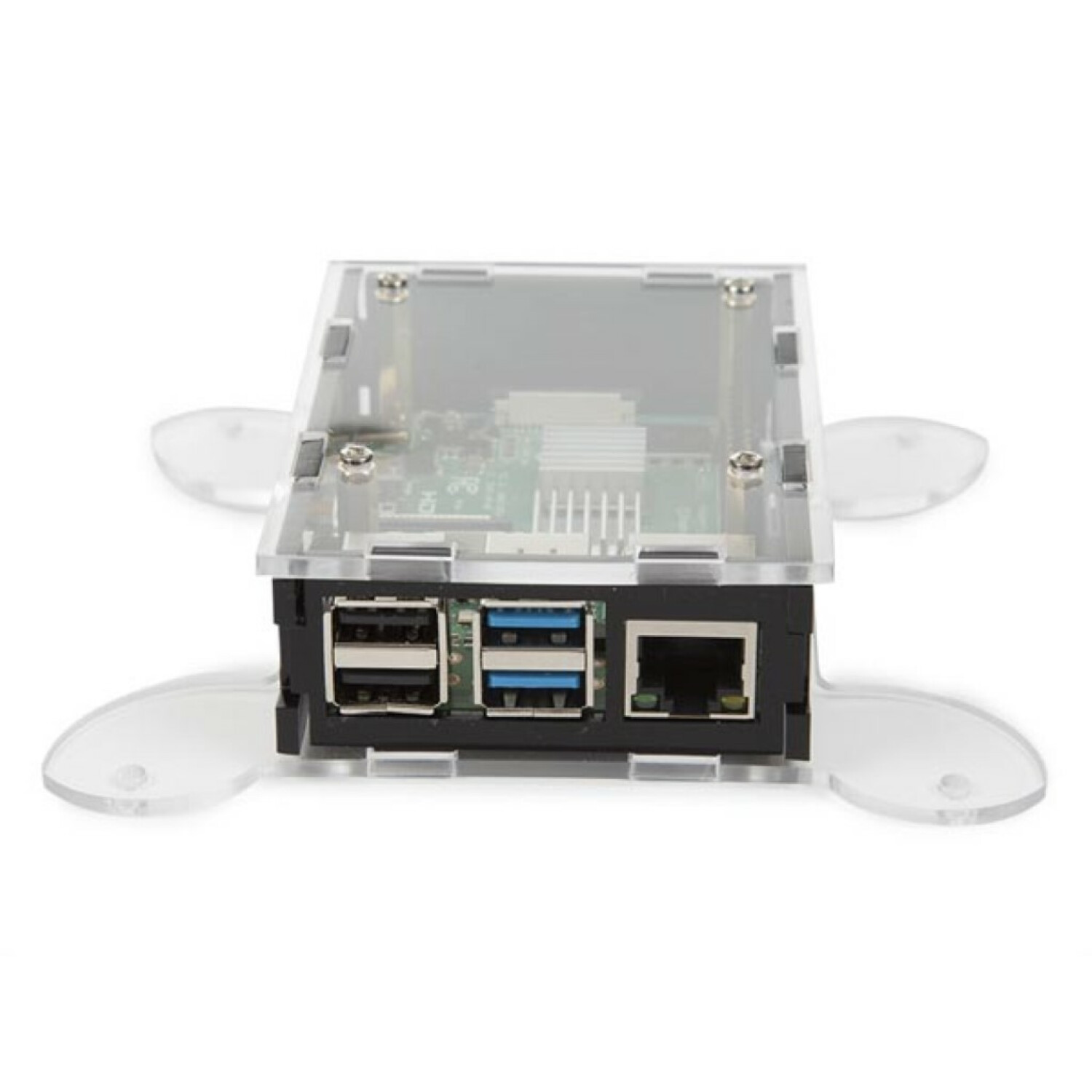 Una custodia trasparente con quattro gambe protegge una scheda di circuito con porte USB ed Ethernet.