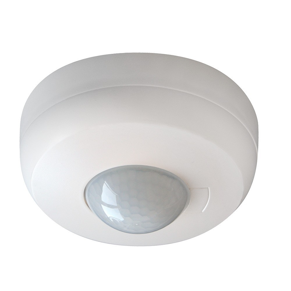 Un rilevatore di movimento bianco a soffitto con finestra sensore grigia.