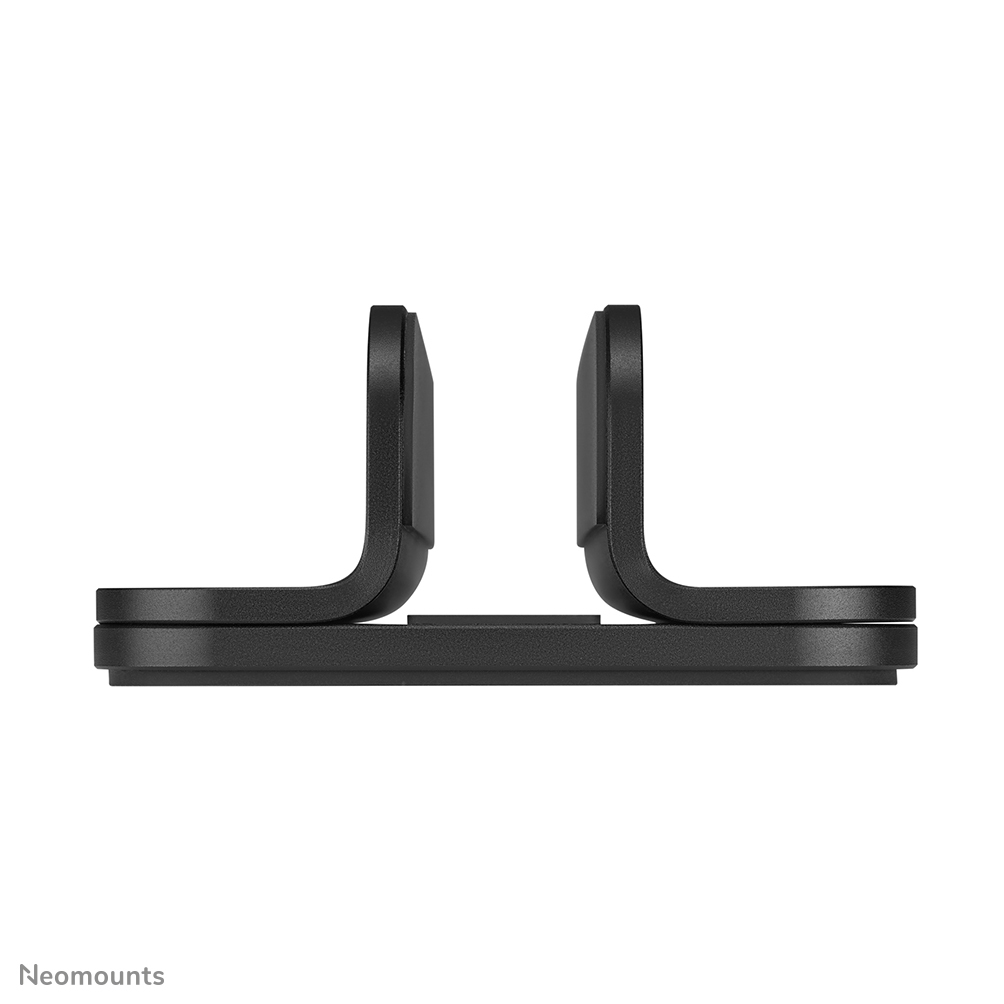 A black Neomounts stand with two upright arms on a flat base.