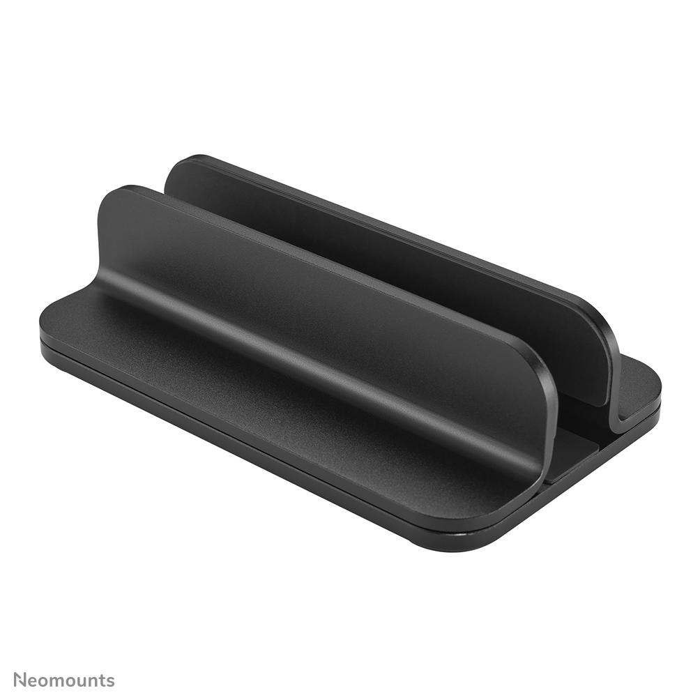 A black, aluminum laptop stand with a sleek, minimalist design.
