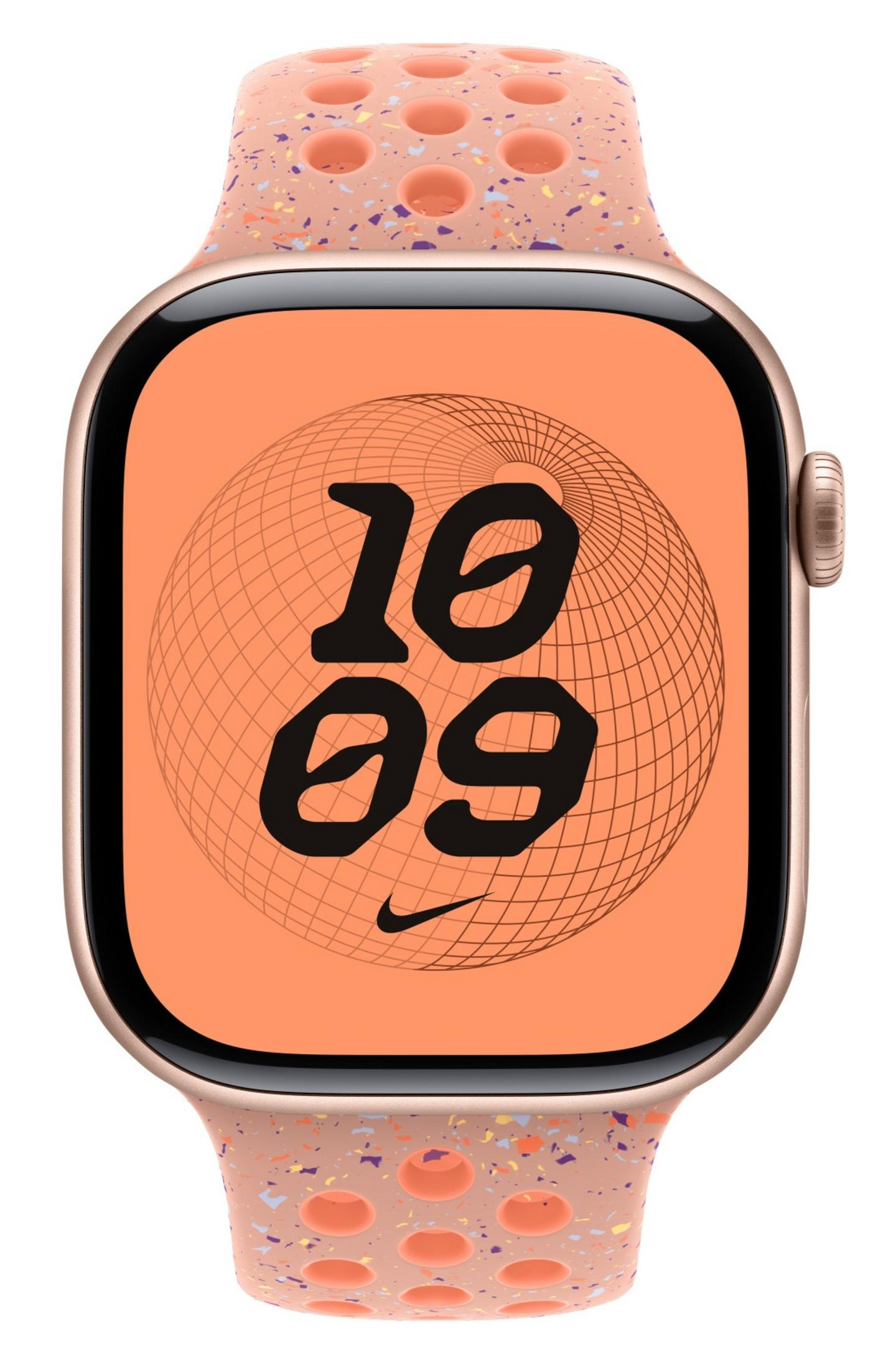 Smartwatch w kolorze różowego złota z brzoskwiniową opaską pokazujący 10:09.