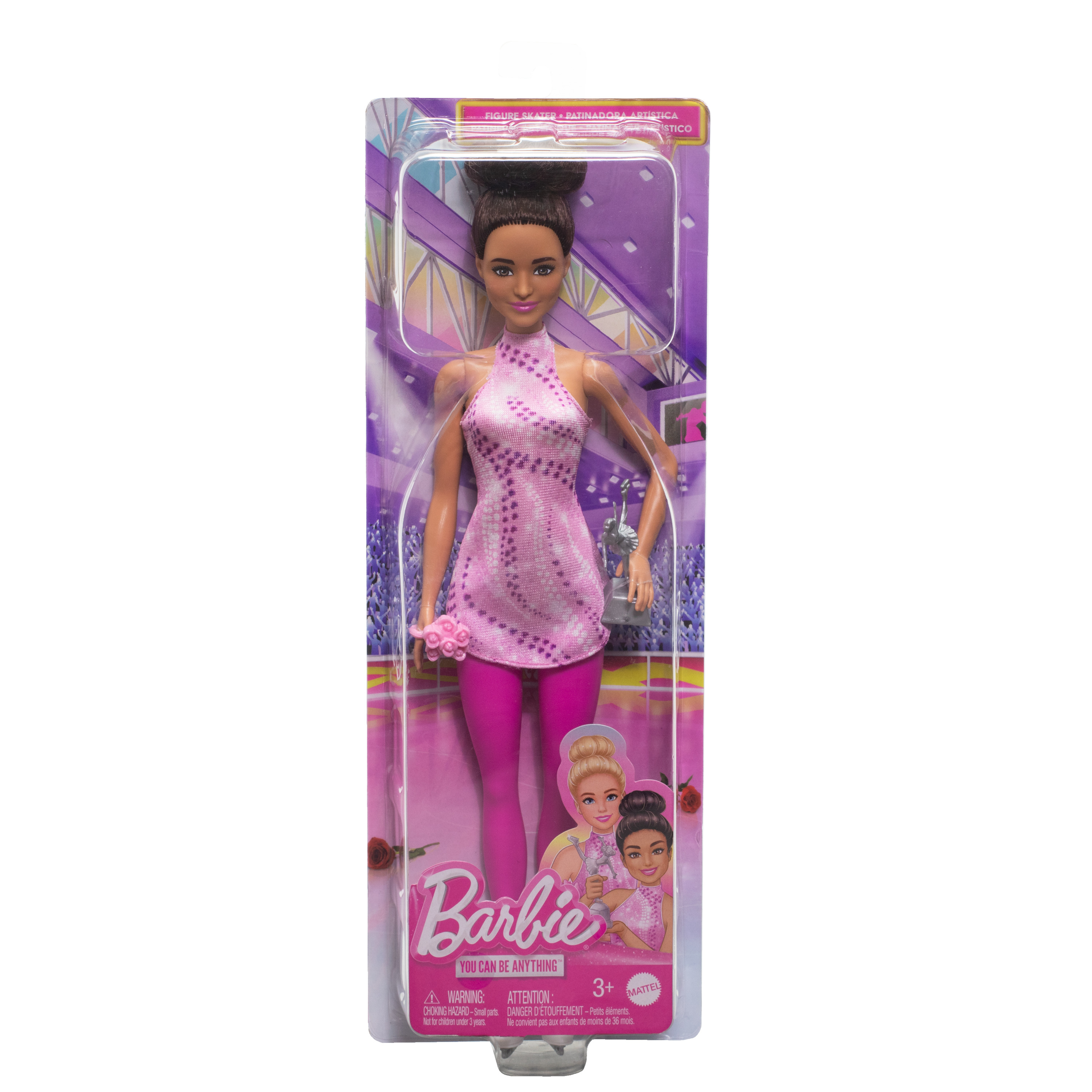 Bambola Barbie pattinatrice artistica in outfit rosa scintillante con trofeo.