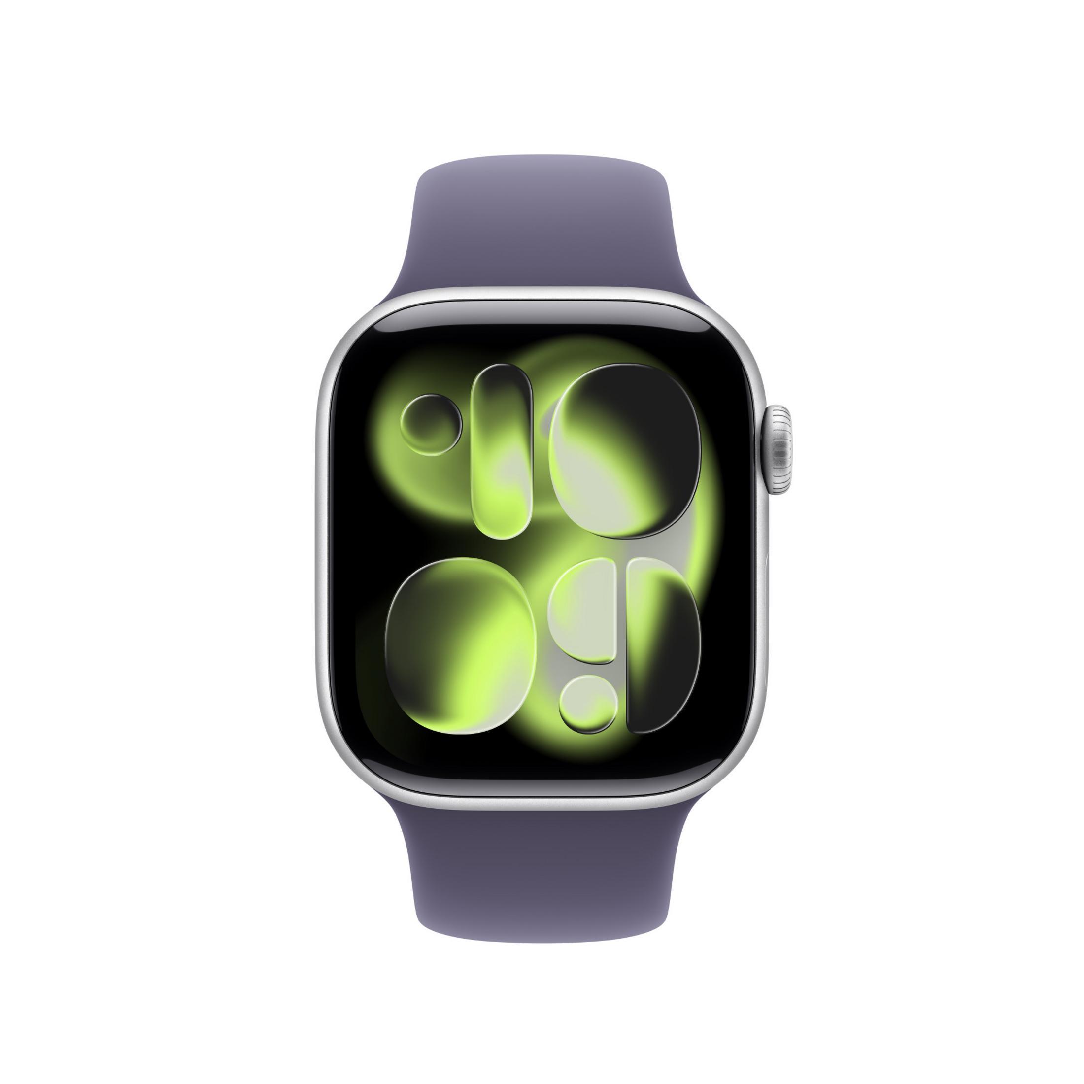 Srebrny smartwatch z fioletową bransoletą wyświetla cyfrową tarczę z zielonymi, świecącymi cyframi.