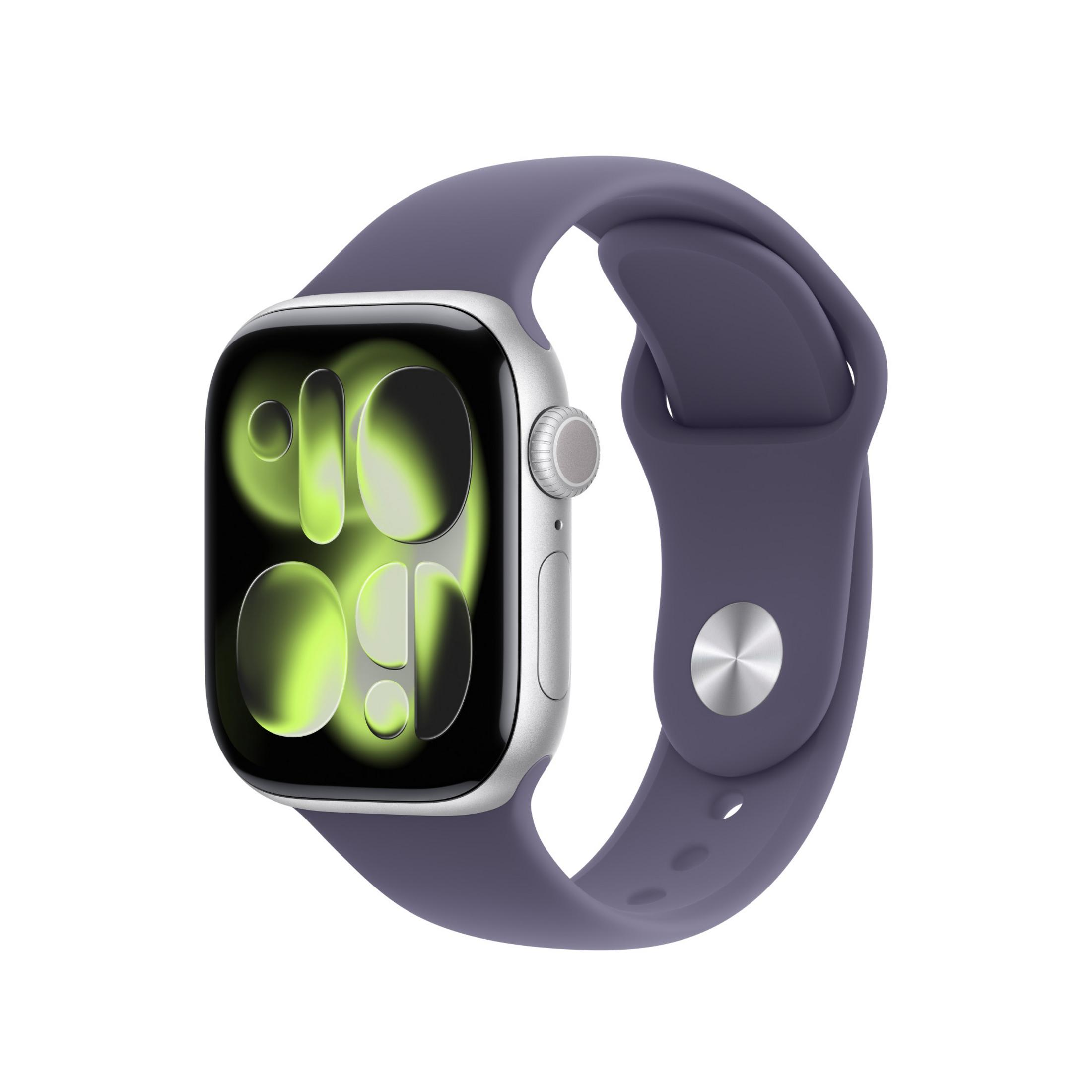 Srebrny smartwatch z fioletową opaską wyświetla zieloną, świecącą tarczę na białym tle.