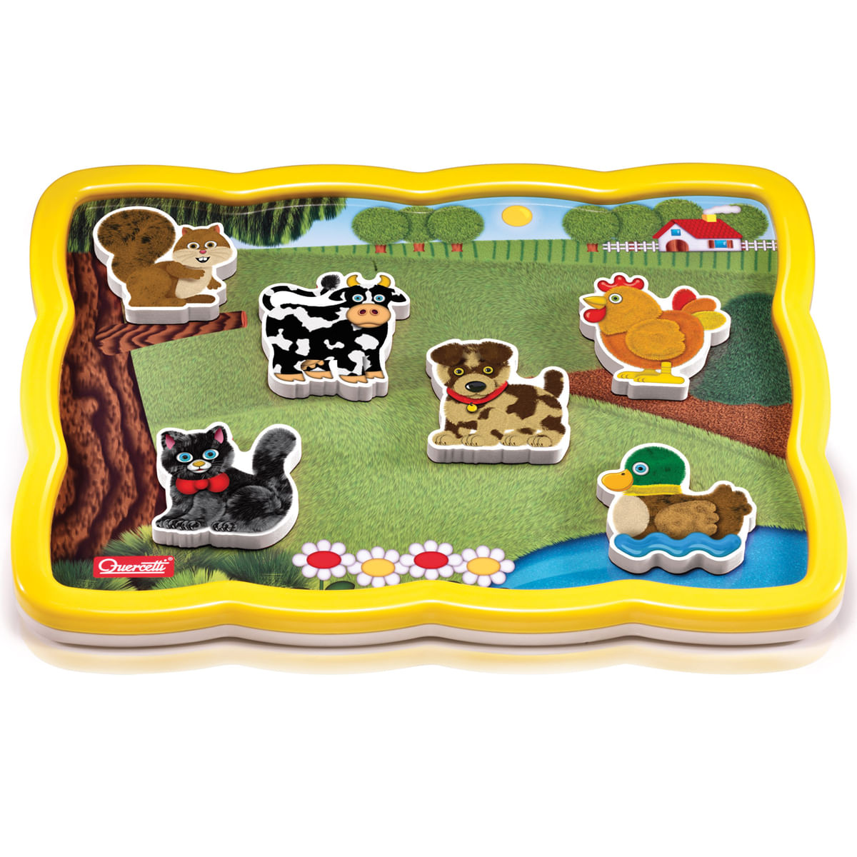 Un rompecabezas de marco amarillo con animales de granja: ardilla, vaca, perro, gato, gallina, pato.