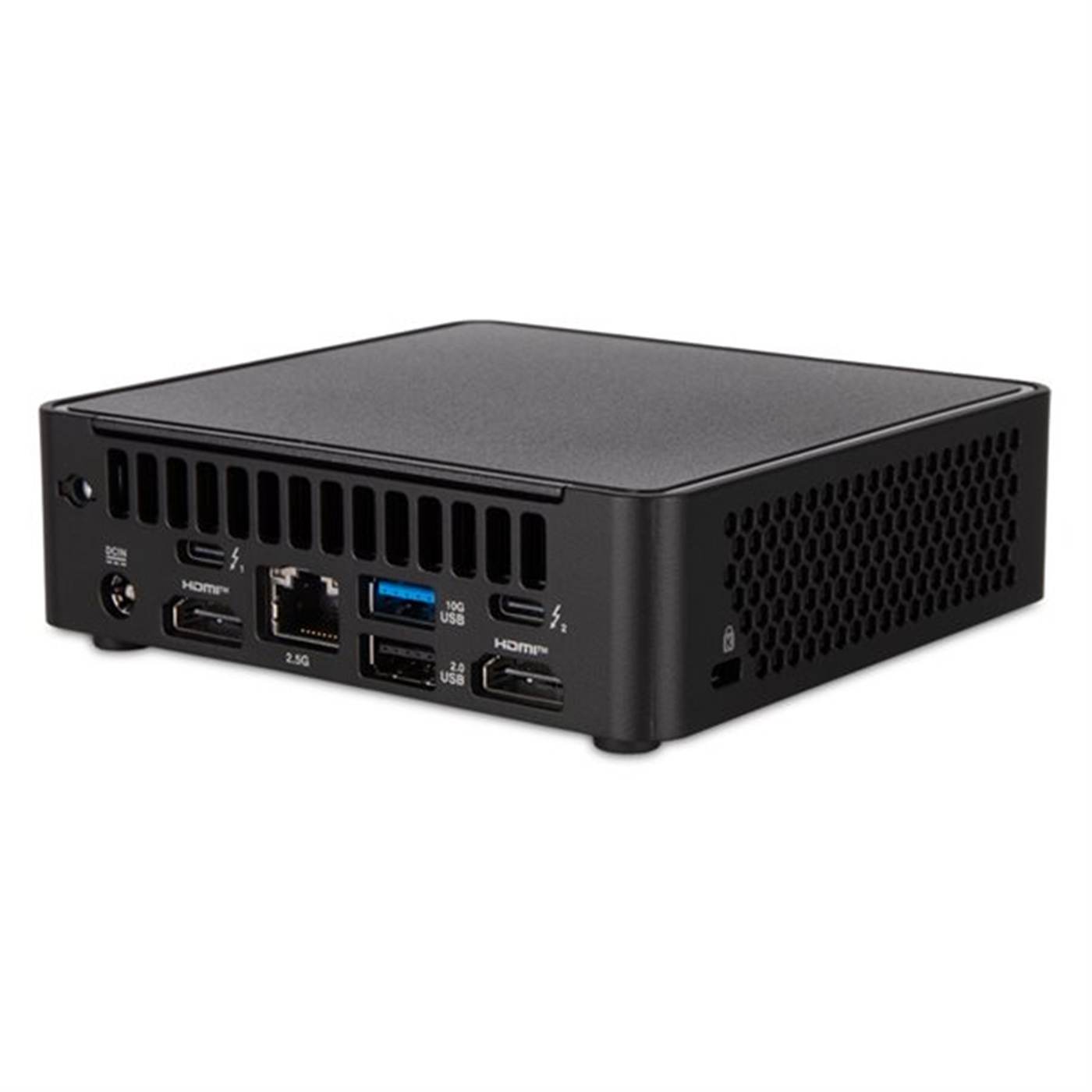 Schwarzer Mini-PC mit Anschlüssen: DC IN, HDMI, Ethernet, USB 3.0, USB 2.0.