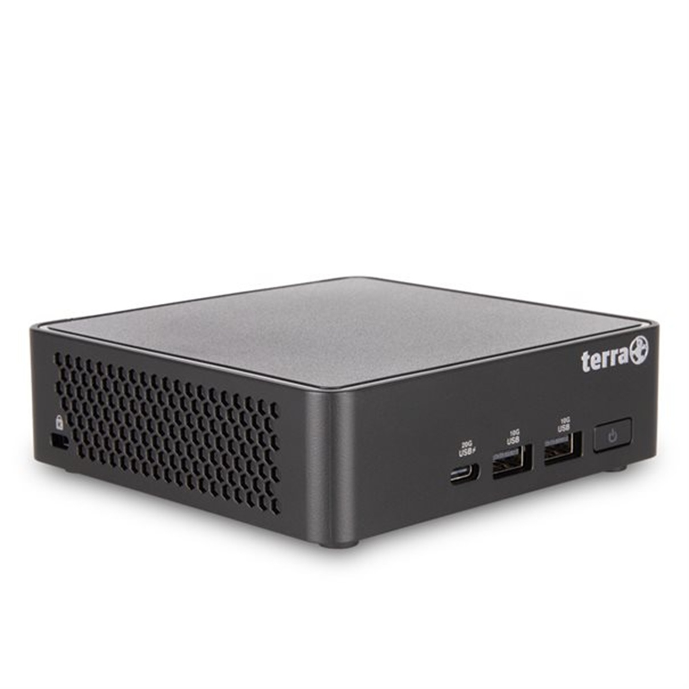 Ein schwarzer Terra Mini-PC mit USB-Anschlüssen und Netzschalter rechts.