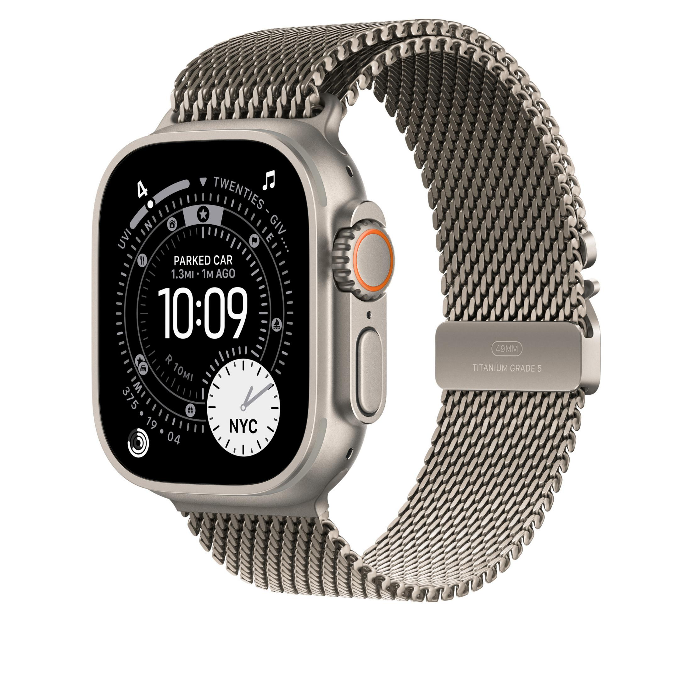 Srebrny Apple Watch Ultra z bransoletą Milanese Loop pokazuje 10:09, info o zaparkowanym aucie i NYC.