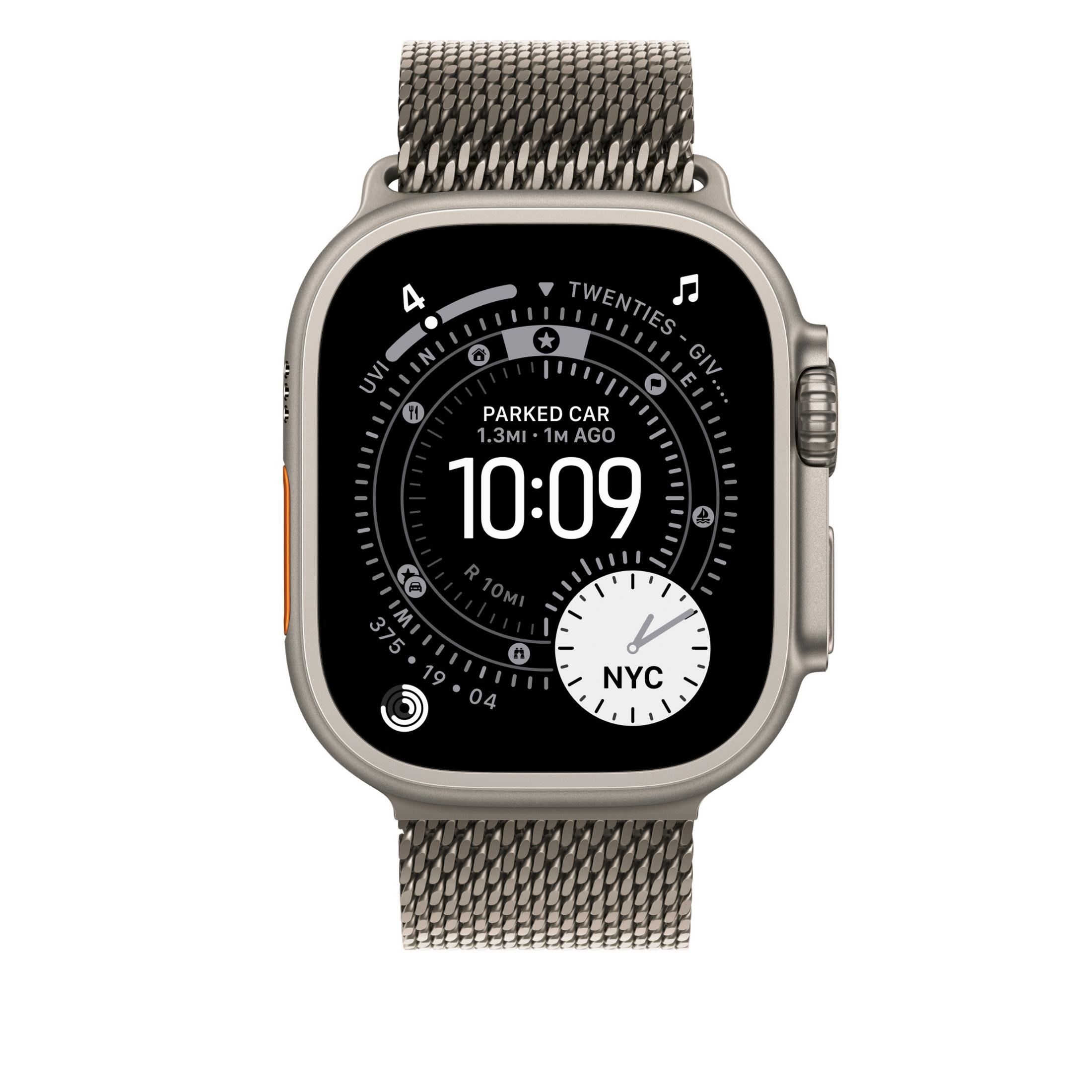 Szara smartwatch ze srebrną bransoletą, czarna tarcza pokazuje 10:09.