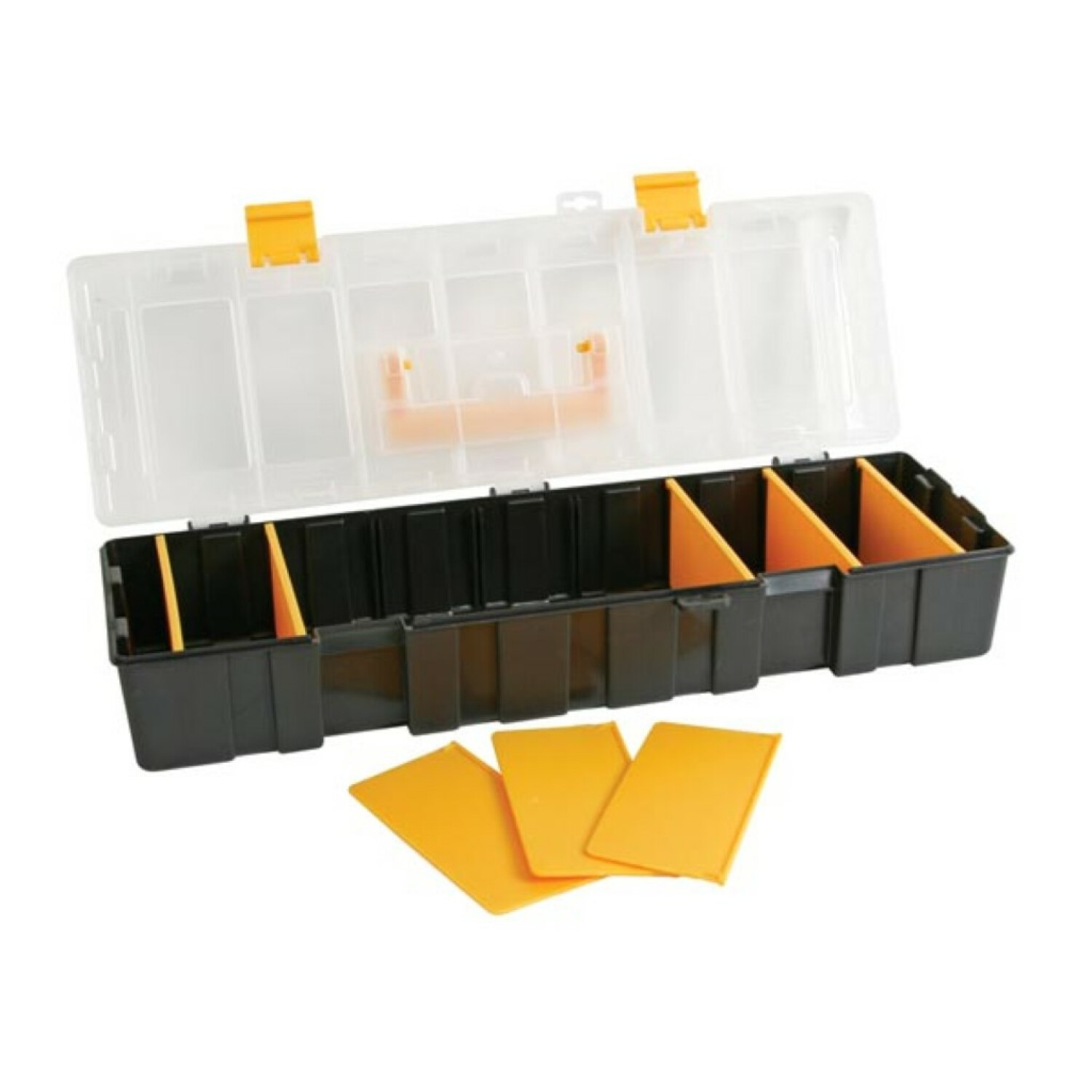 Una scatola organizer aperta in plastica nera e trasparente con divisori e chiusure arancioni.