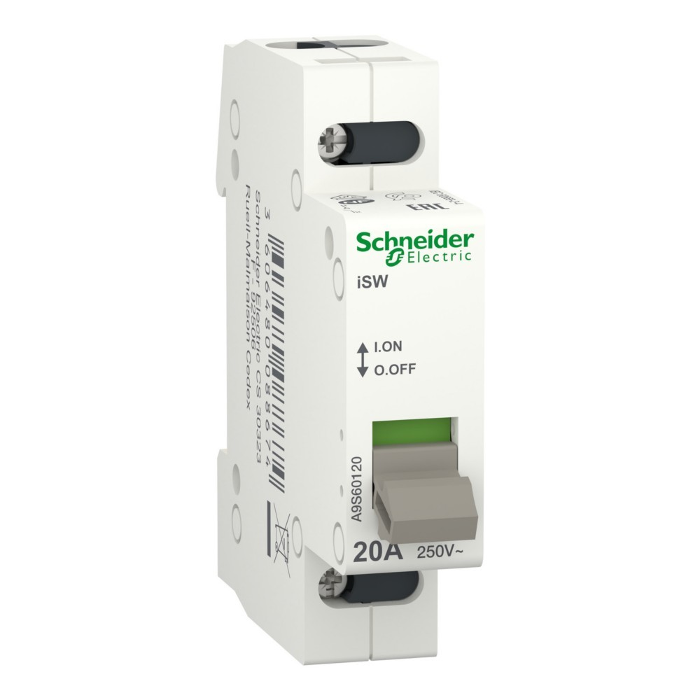 Un interruttore automatico Schneider Electric bianco con interruttore grigio e indicatore verde.
