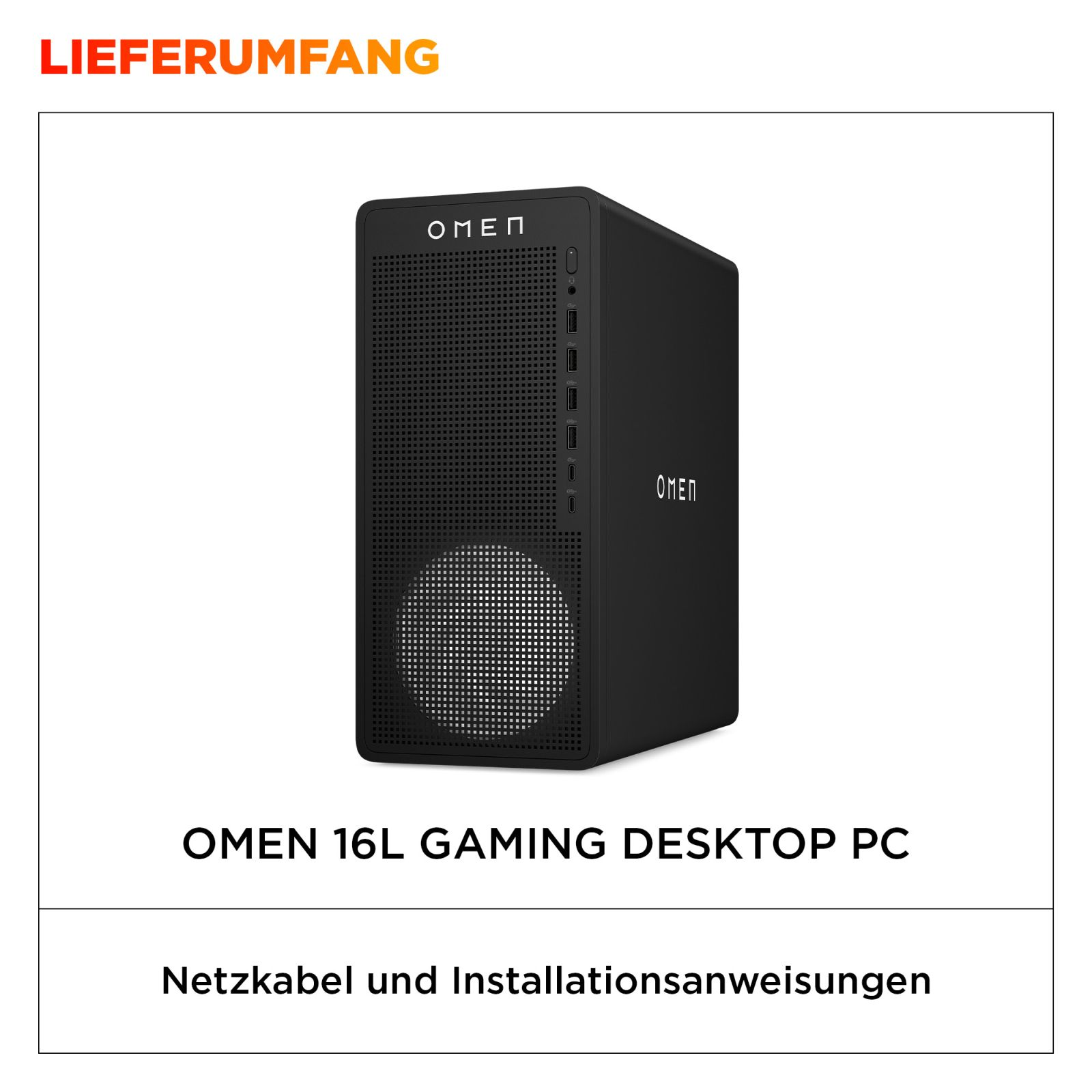 Ein schwarzer Omen Gaming-Desktop-PC vor weißem Hintergrund mit deutschem Text oben und unten.