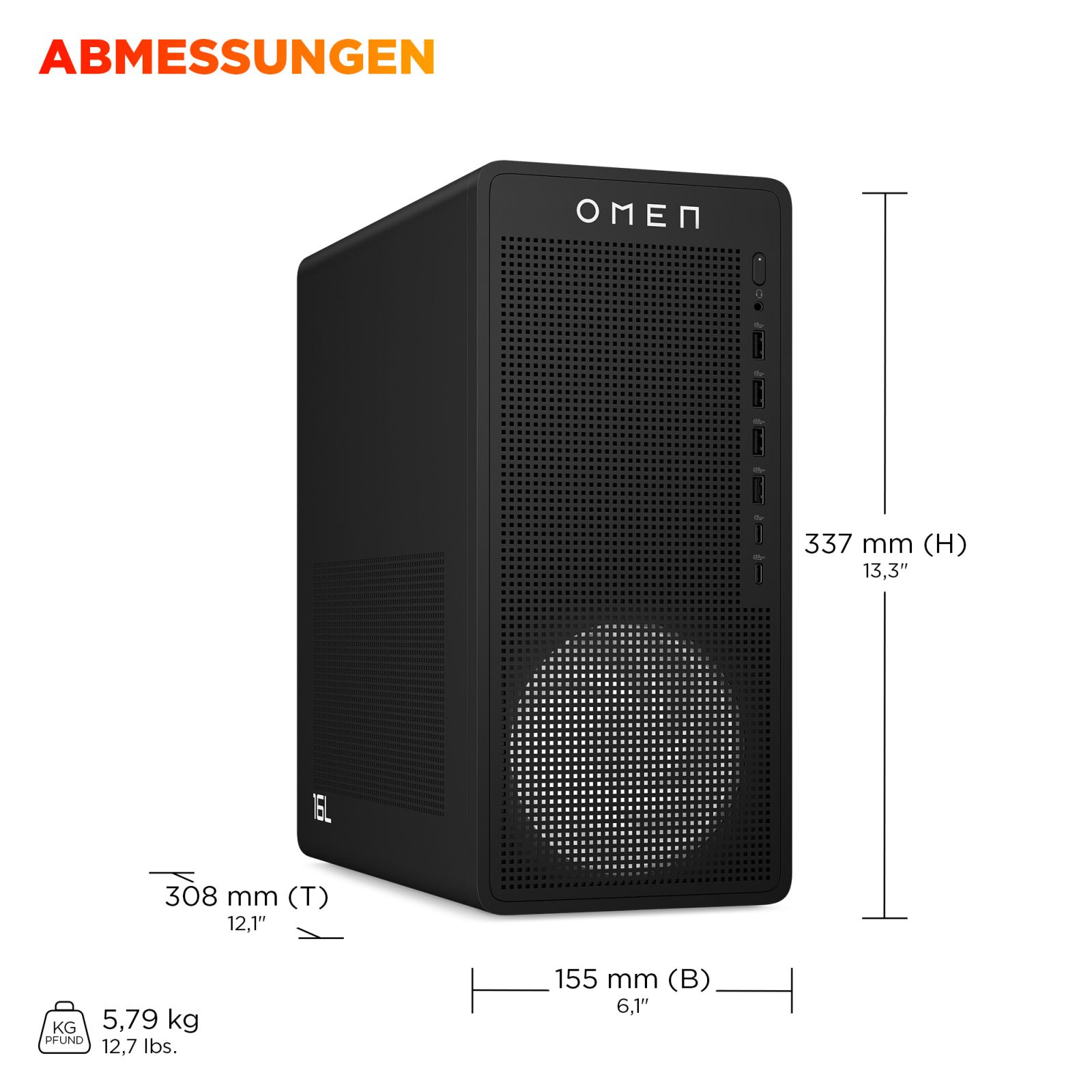 Schwarzer Omen PC mit Maßen: Höhe 337mm, Tiefe 308mm, Breite 155mm. Gewicht 5,79kg.