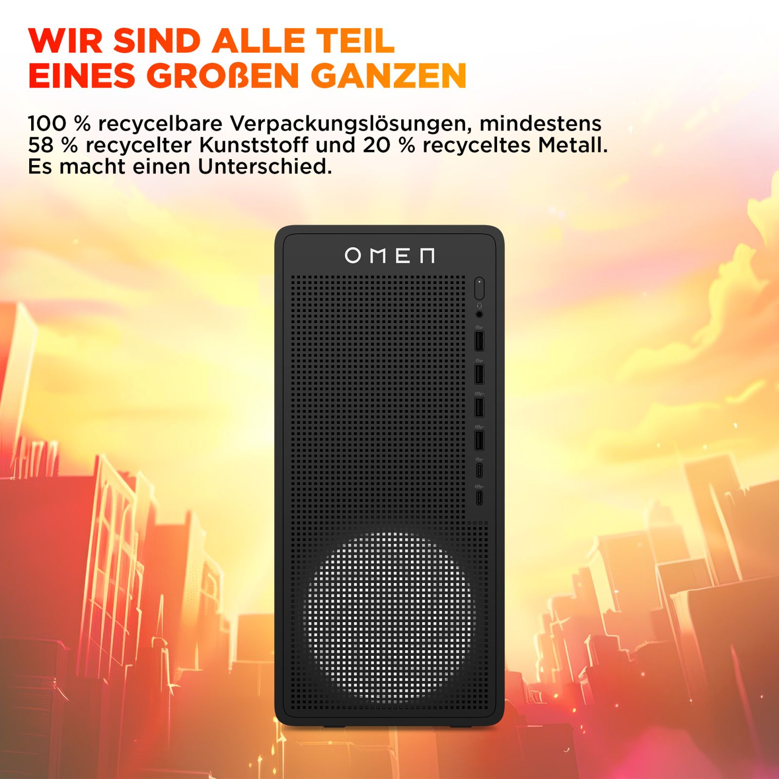 Schwarzer OMEN PC vor einer stilisierten Stadtkulisse im Sonnenuntergang.