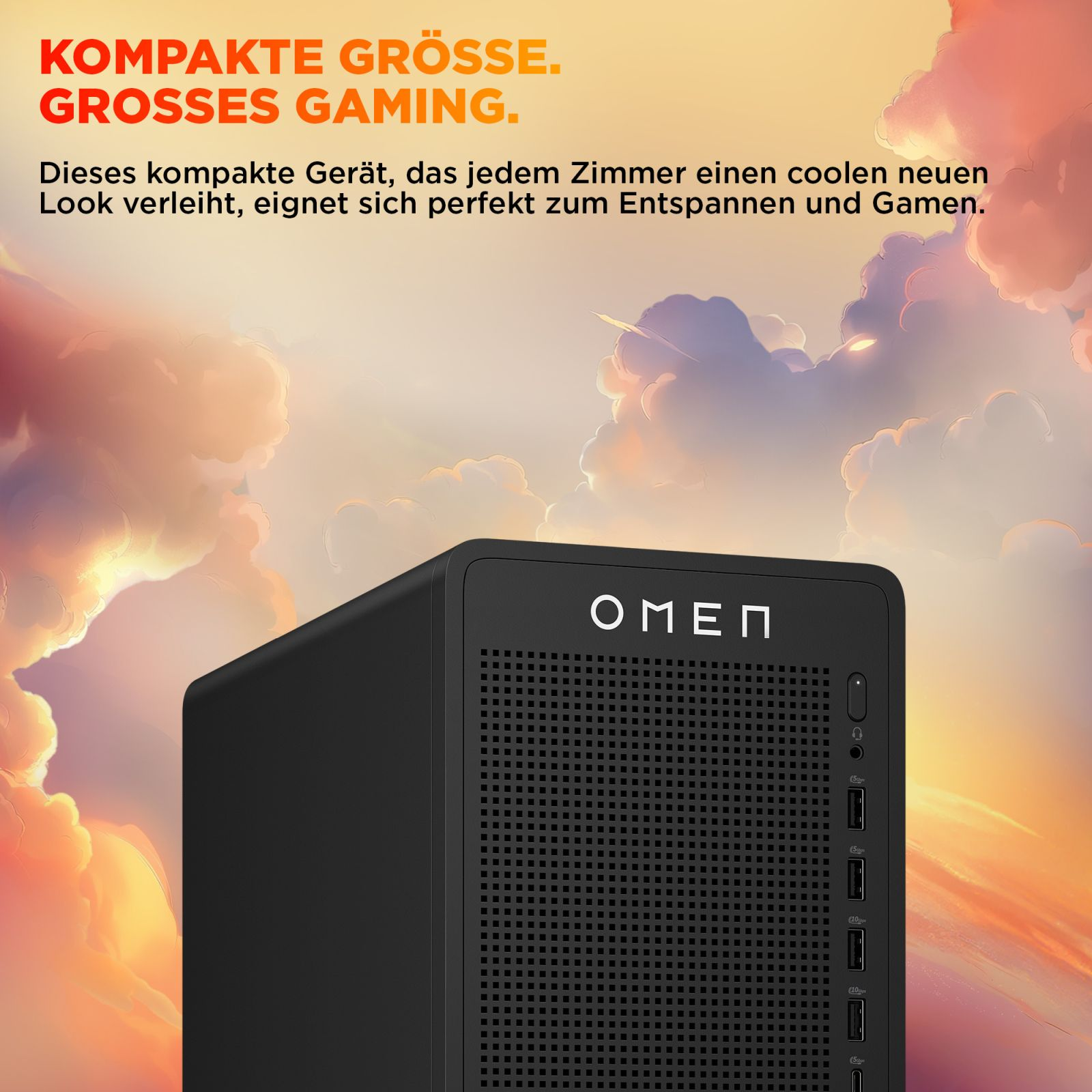 Ein schwarzer HP Omen Gaming-PC vor einem farbenfrohen Wolkenhimmel mit Werbetext.